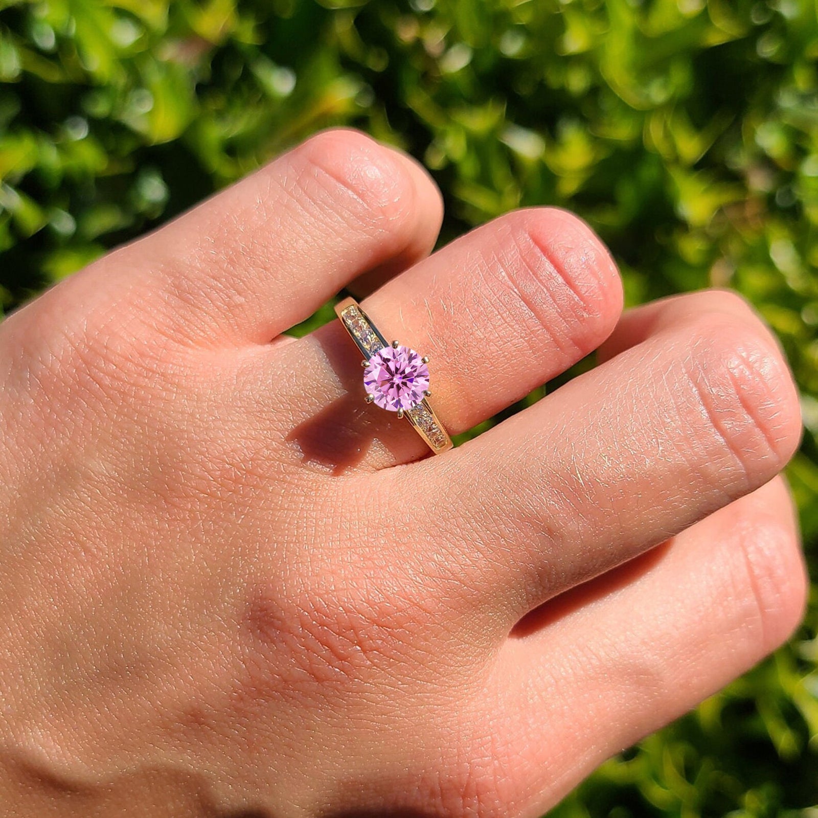14K Yellow Gold Round Pink Cubic Zirconia Cathedral Ring for Women - Elegant Bridal, Wedding, Engagement, Anniversary Jewelry Gift
