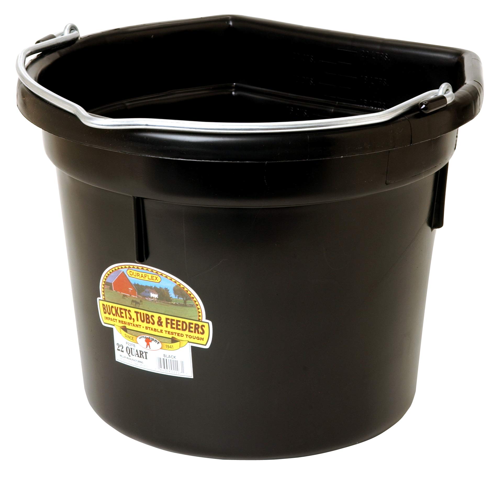 Little Giant® 22-Quart Flat Back Plastic Animal Feed Bucket with Metal Handle - Durable Horse Feed & Water Bucket for Stable, Barn, and Pasture Use - Black