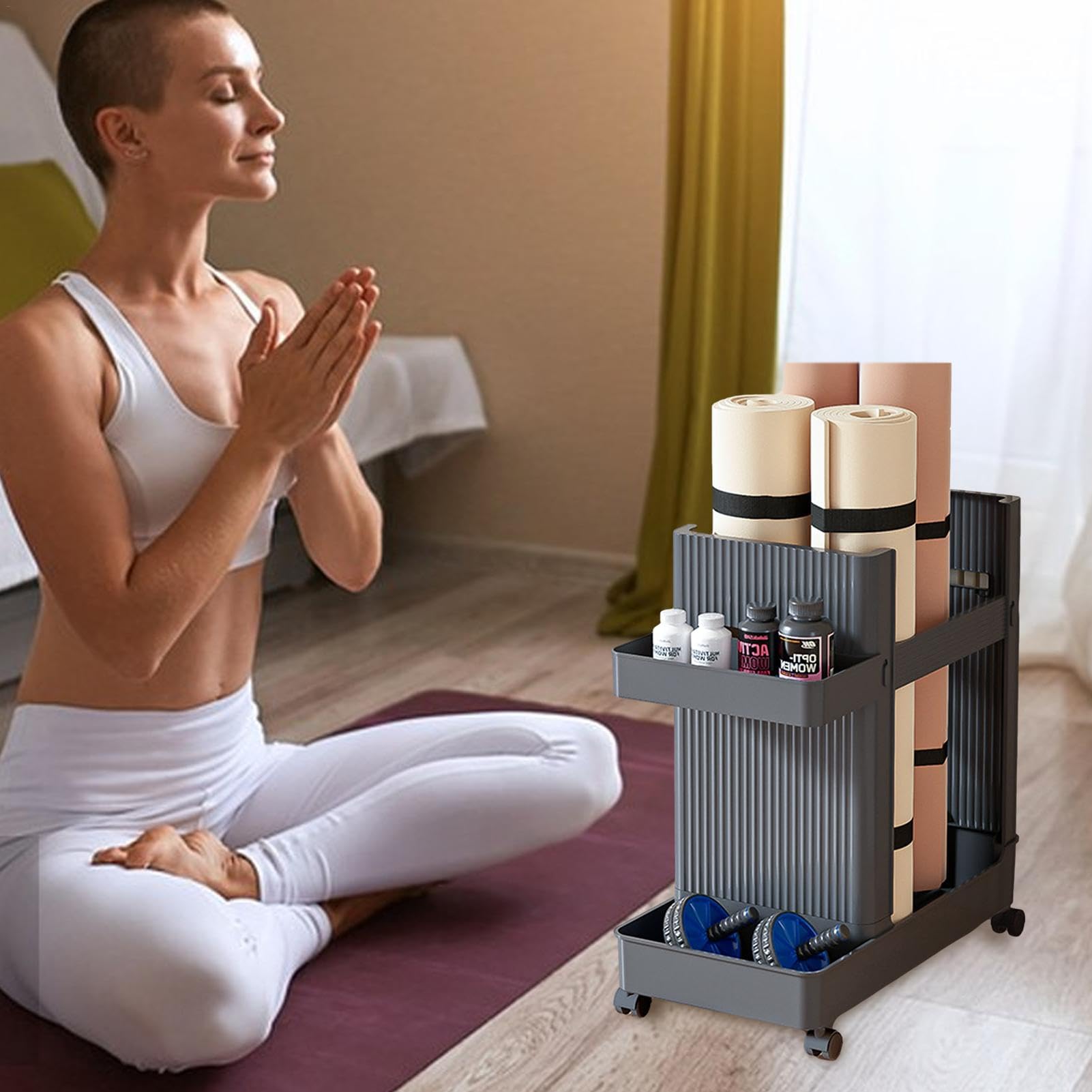 Premium Yoga Mat Storage Basket & Gym Equipment Holder with Wheels - Space-Saving Workout Gear Organizer for Kettlebells, Dumbbells, Foam Rollers & Yoga Blocks - Perfect for Home Gyms & Fitness Studios (Black)