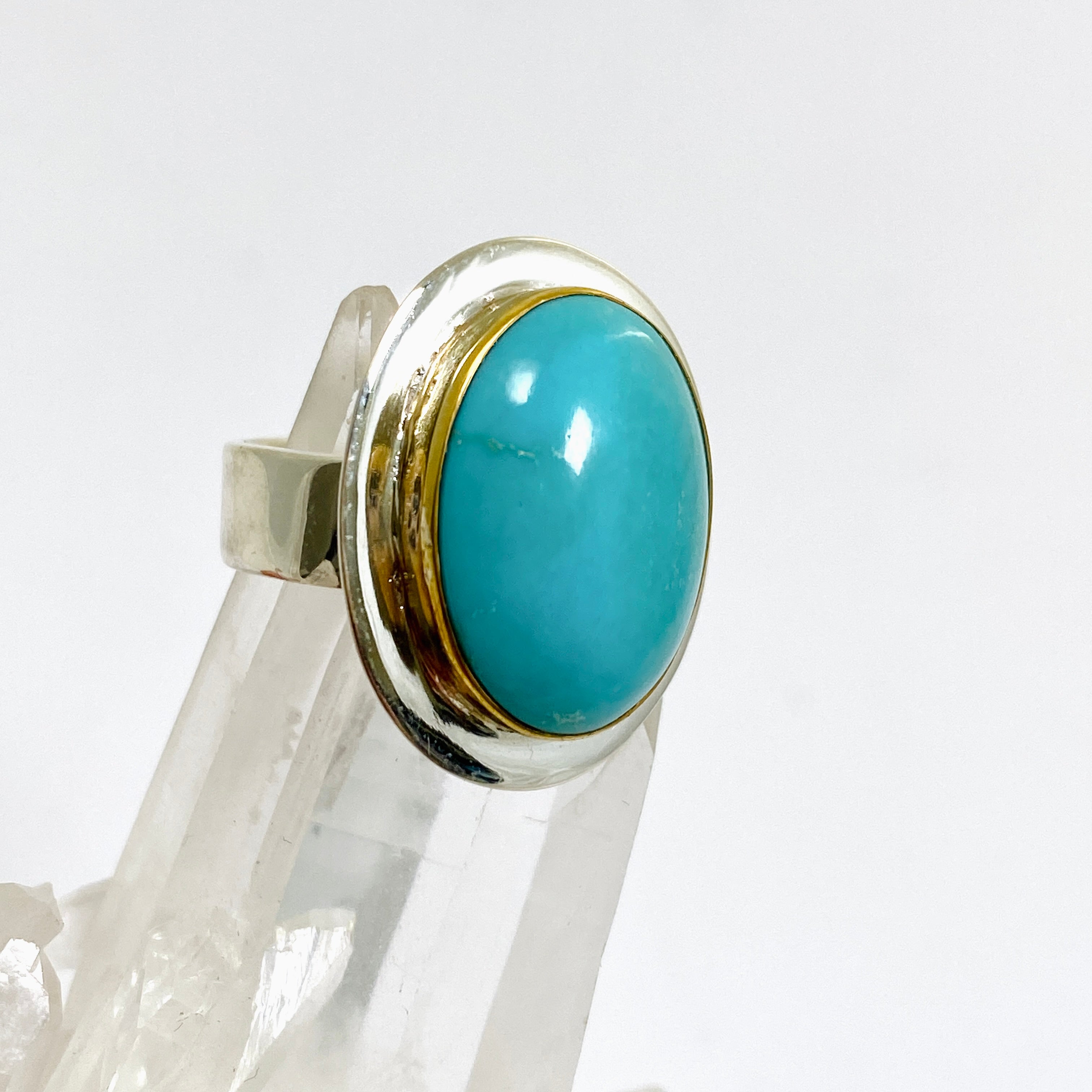 Arizona Turquoise Oval Cabochon Ring with Brass Accents - Size 8 Sterling Silver Jewelry KRGJ3409 | Handmade Southwest Style Ring for Women, Perfect for Boho Fashion & Gift Giving