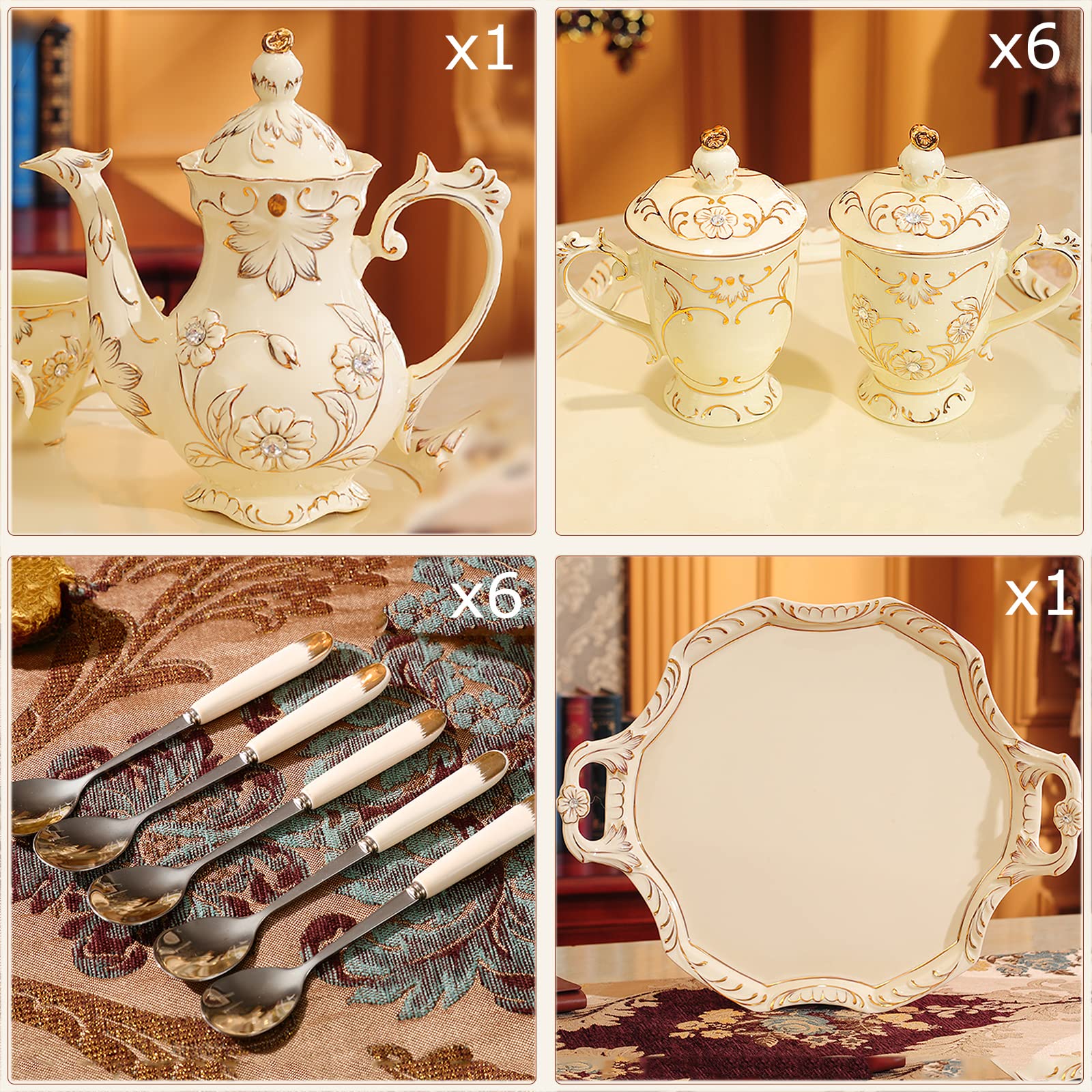 8-Piece Floral Porcelain Tea Set with Teapot, Cups, Saucers & Teaspoons - Gold Trim Hibiscus Design, Elegant China Ceramic for Afternoon Tea, Bridal Shower & Housewarming Gifts (Gift Box Included)