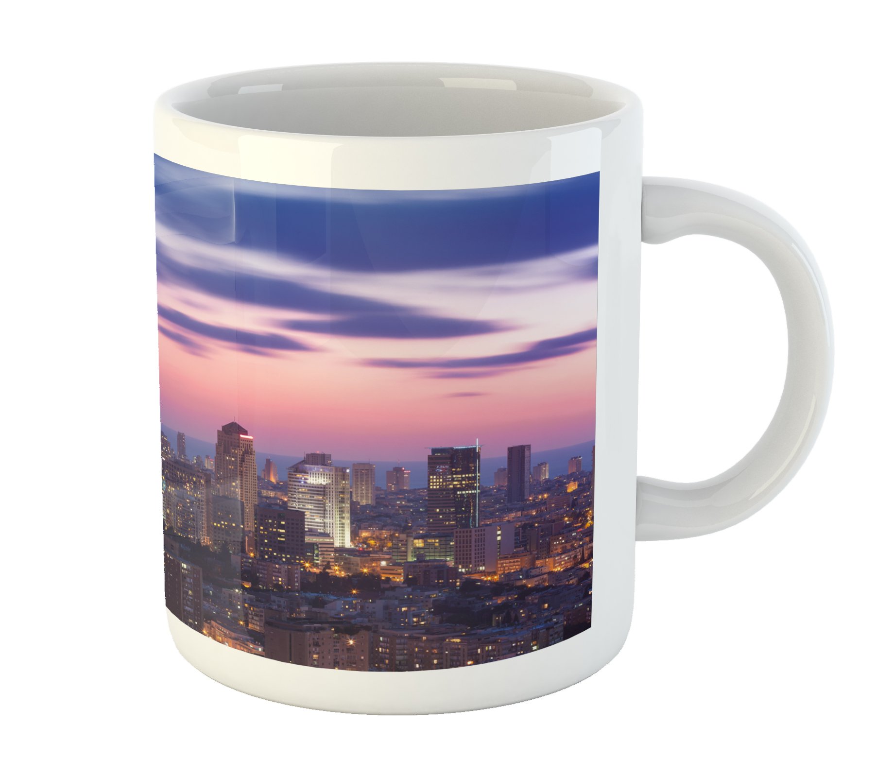 Lunarable Modern Ceramic Coffee Mug - 11 oz City Sunset & Skyscrapers Print - Rose Pink & Blue for Tea, Water & Hot Drinks - Perfect for Office, Home & Gifts