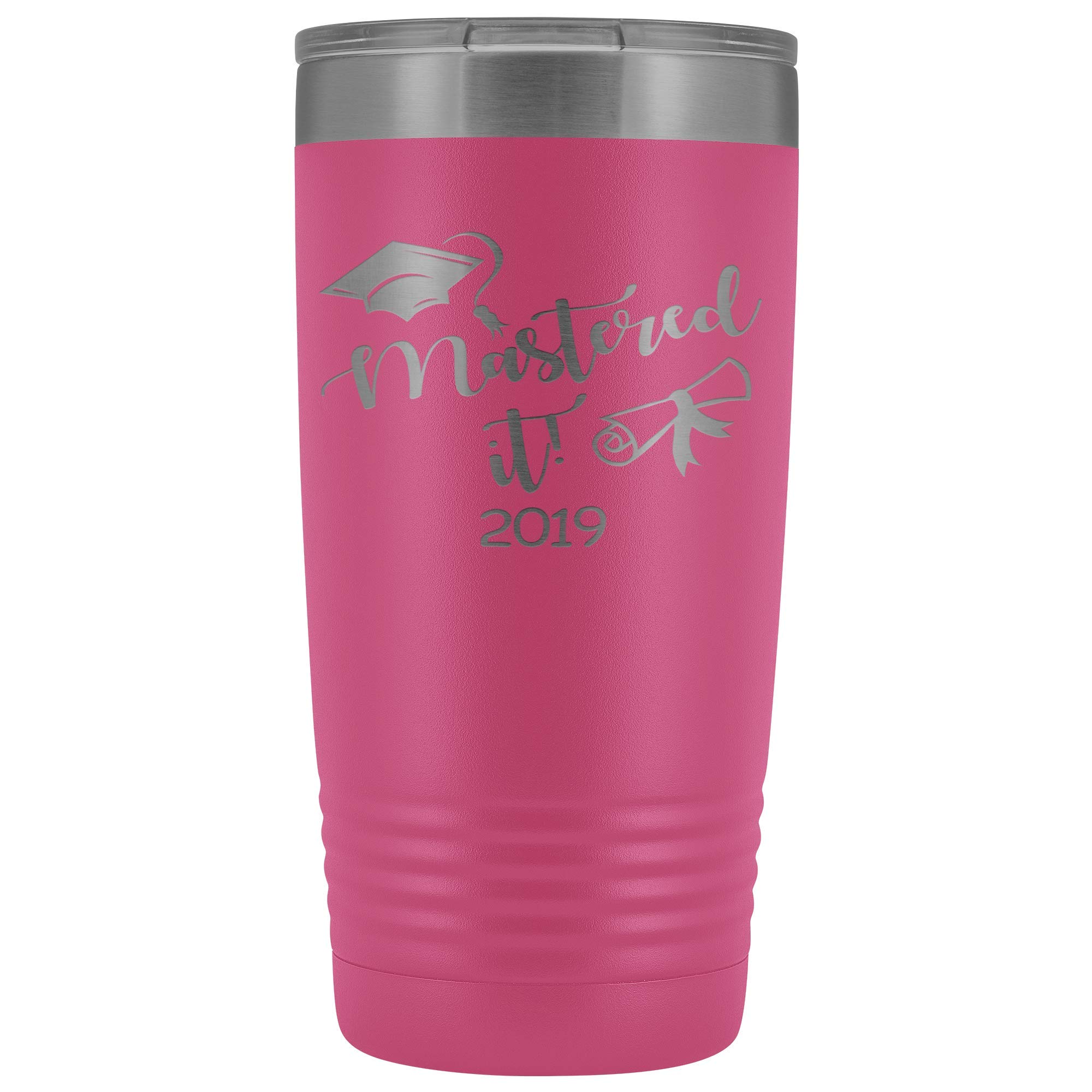 20 oz Stainless Steel Insulated Tumbler - Masters Graduation Gift 'Mastered It 2019' Engraved Hot & Cold Cup in Pink | Perfect for Coffee, Tea & Campus Hydration