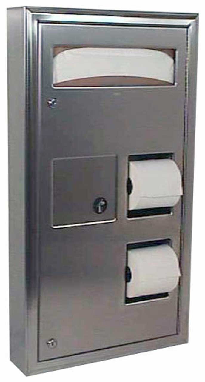Bobrick 3579 ClassicSeries 304 Stainless Steel Surface Mounted Seat Cover with Sanitary Napkin Disposal & Toilet Tissue Dispenser - Satin Finish, 17-3/16