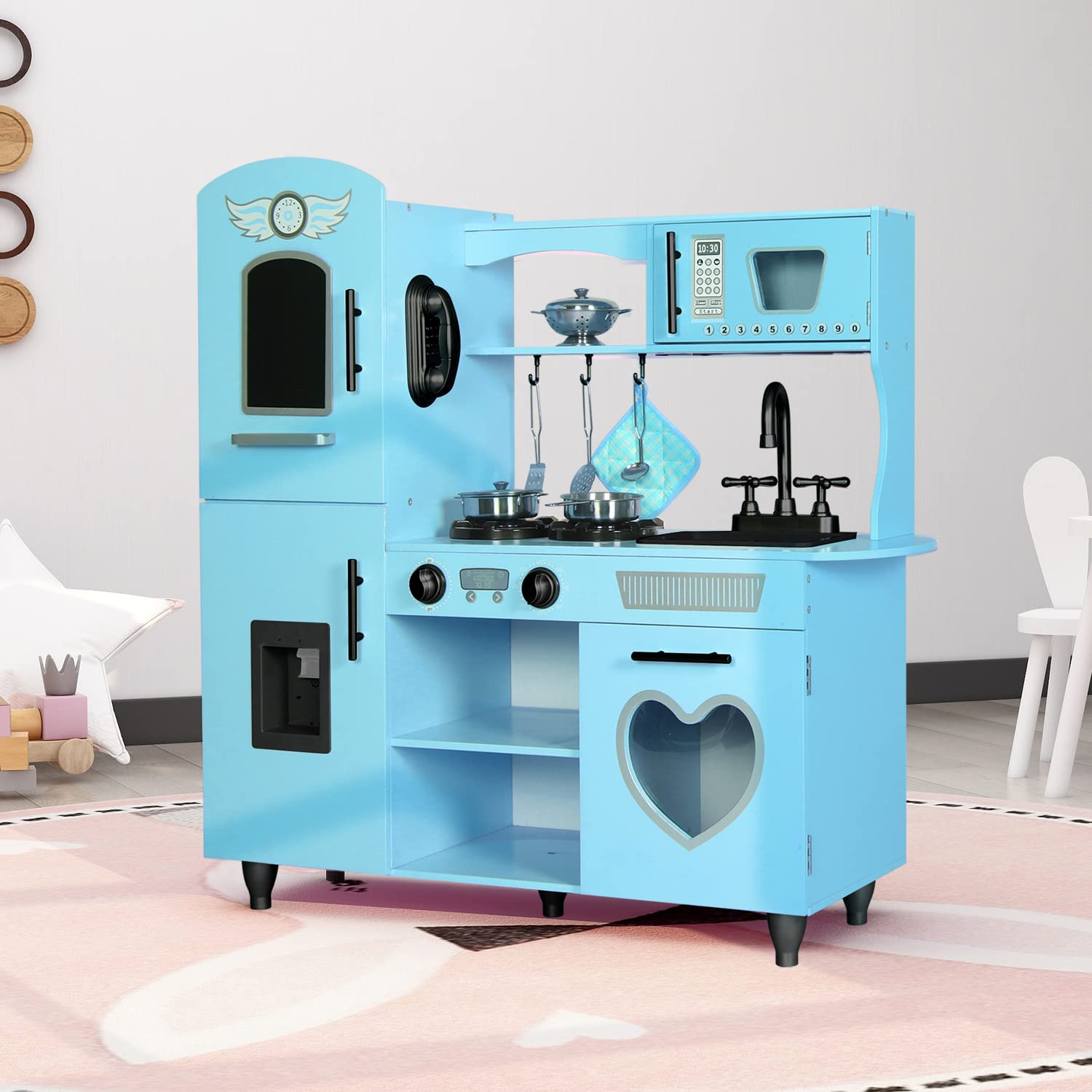 Blue Wooden Toy Kitchen Playset for Kids Ages 4-8 - Interactive Pretend Play with Lights & Sounds - Perfect Gift for Boys & Girls - Ideal for Home, Preschool & Role-Playing Activities