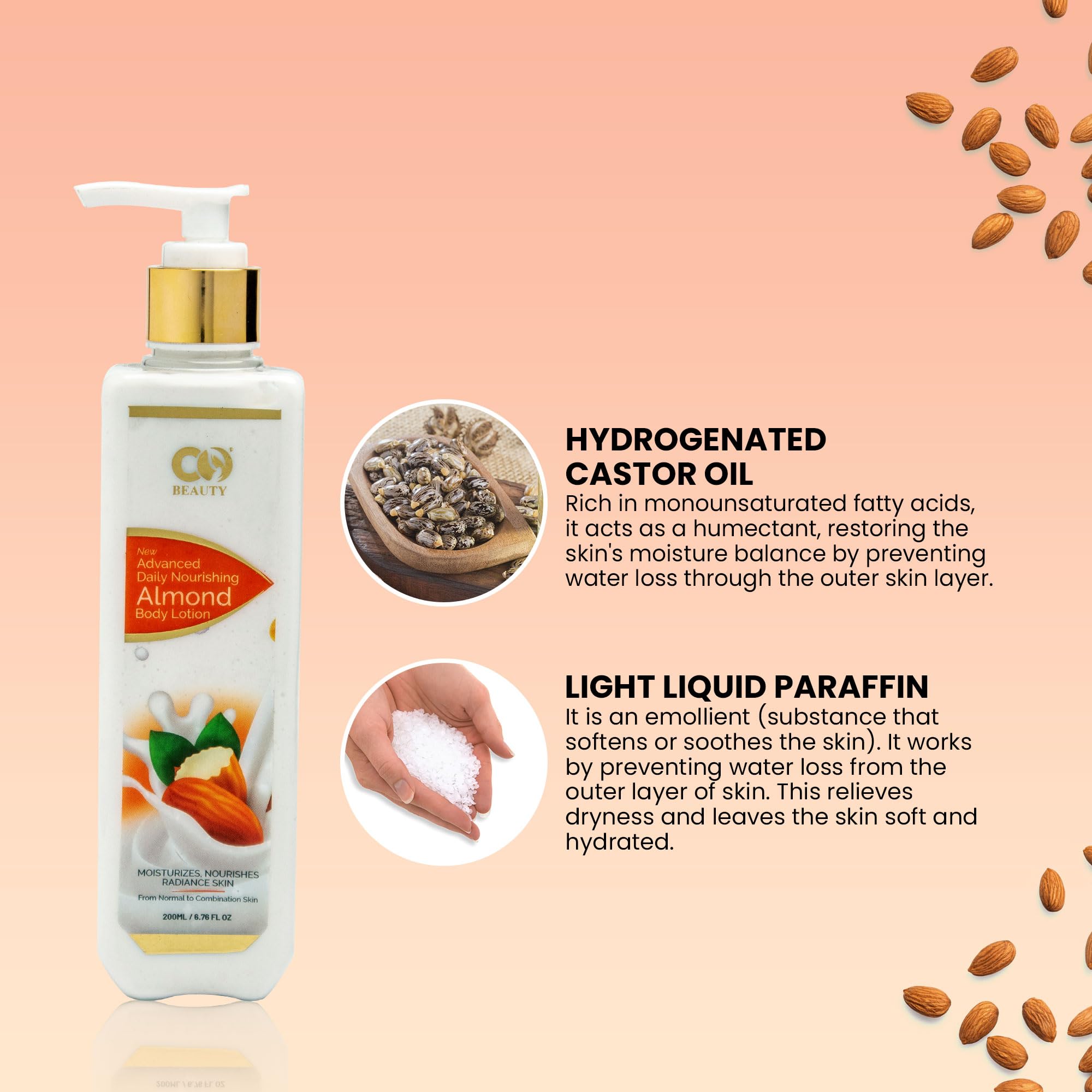 CO Beauty Deep Nourishing Almond Body Lotion - 200ml | Vitamin E Enriched Hydrating Body Cream with Avocado & Castor Oil | Non-Greasy, Paraben & SLS Free Moisturizer | Perfect for Dry Skin Care & Daily Hydration