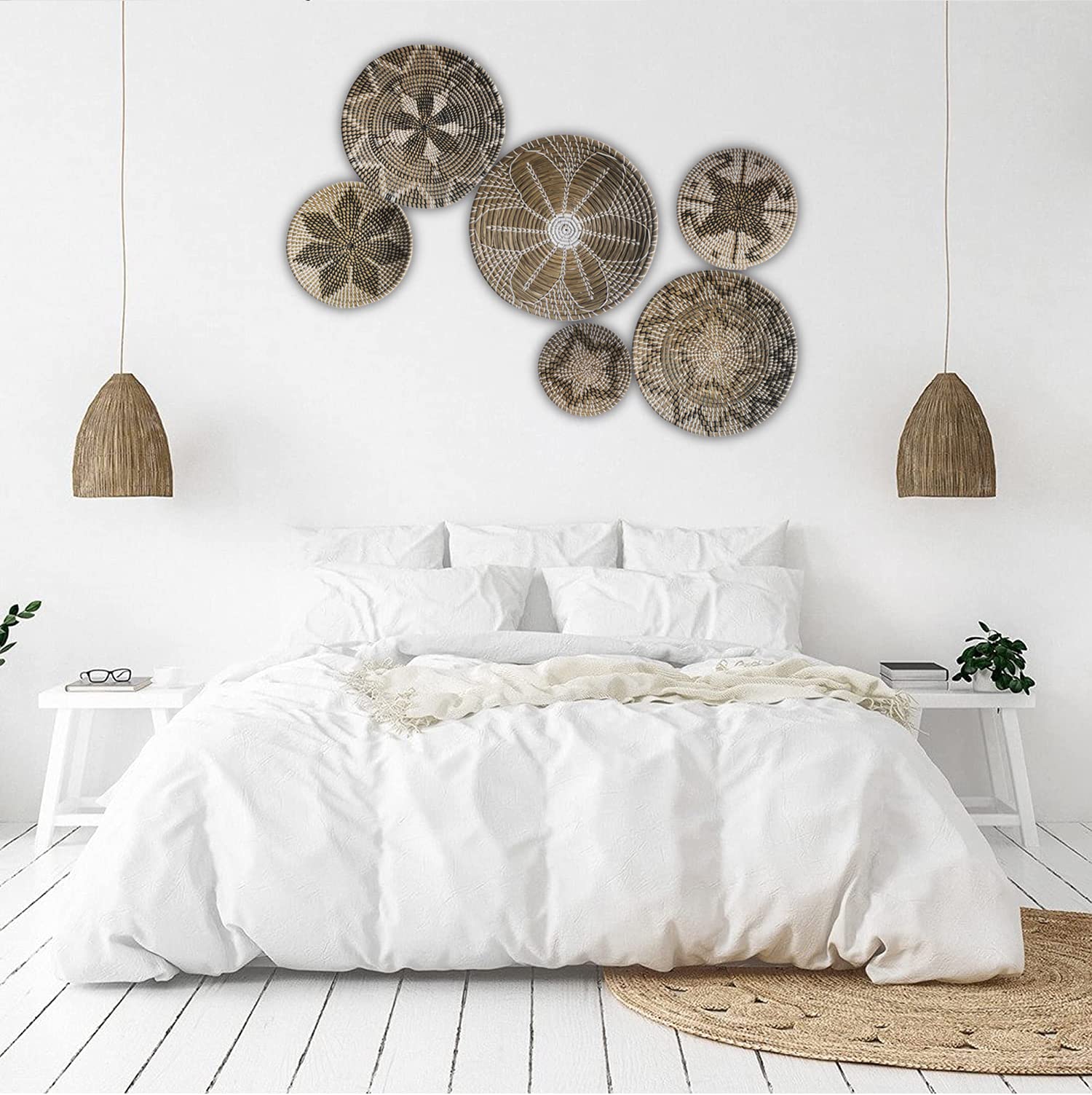 Set of 6 Handmade Wicker Wall Baskets - Boho Rattan Wall Decor, Woven Basket Wall Art, Natural Wicker Wall Tray - Perfect for Home Decor, Nursery, Living Room & Gift for Mom (Boho Style, Set of 6)