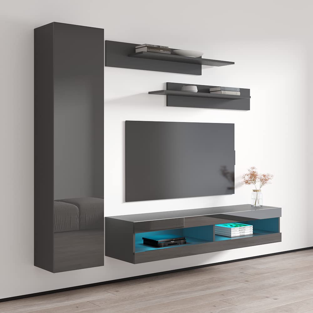 Modern Gray Wall-Mounted TV Stand with Storage Shelves & LED Lights - Meble Fly G34 Entertainment Center for Living Room & Bedroom - Space-Saving Media Console for 34