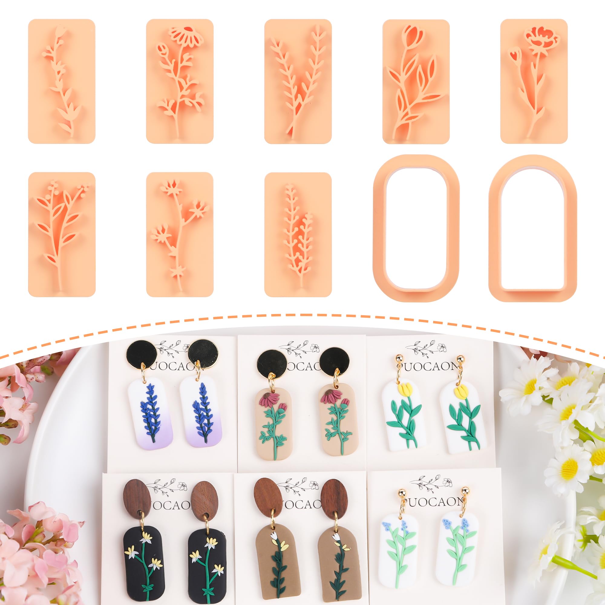 10 Pcs Flower Clay Cutters for Polymer Clay Jewelry Making - Embossed Floral Earring Cutters, Arch Frame Cutters & Plant Stamps - DIY Jewelry, Earrings & Home Decor Crafts