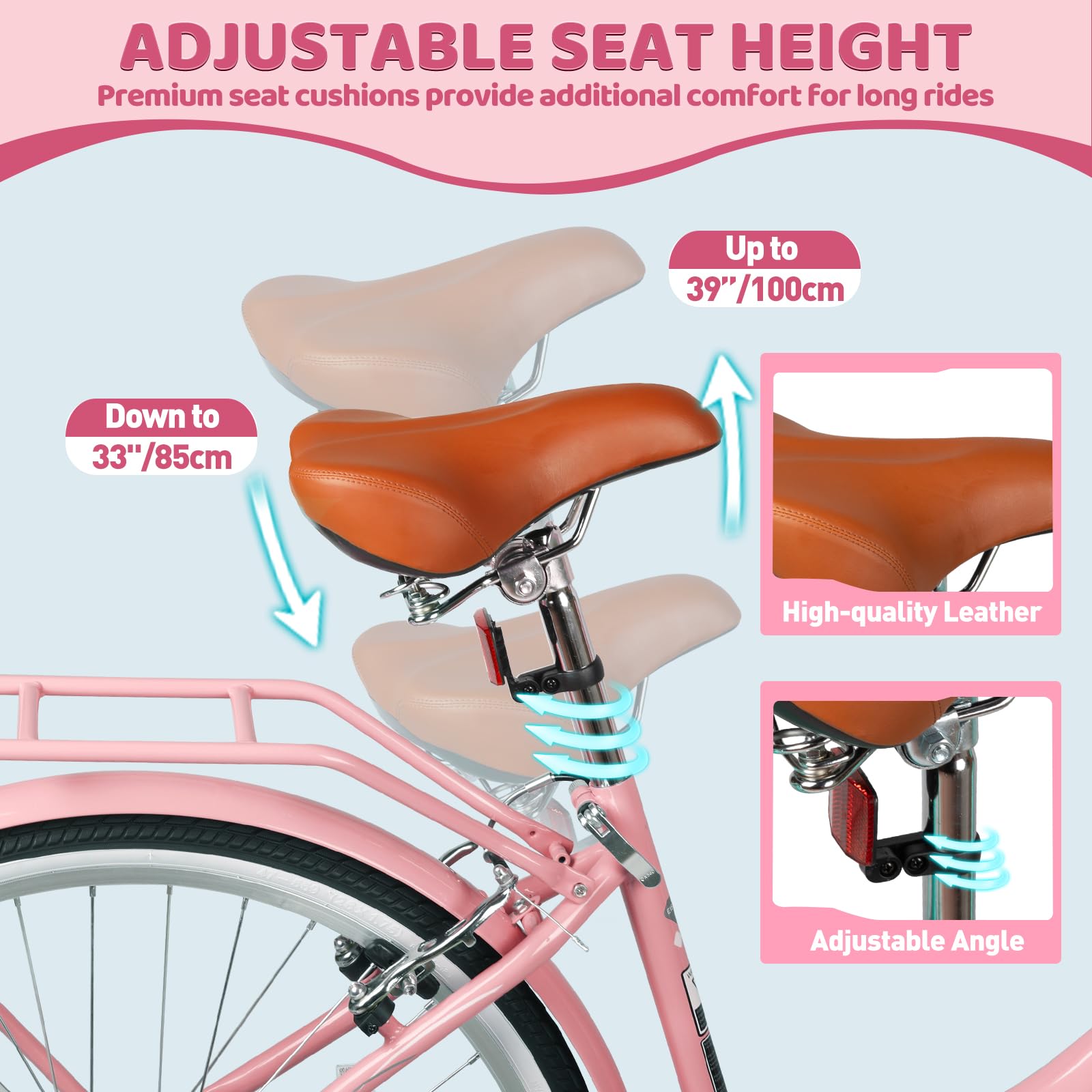 26 Inch Women's Beach Cruiser Bike - 7 Speed Hybrid Cruiser with Adjustable Seat & Anti-Skid Tires - Pink Single Bar Design with Basket - Perfect for Coastal Rides, Commuting & Leisure Cycling
