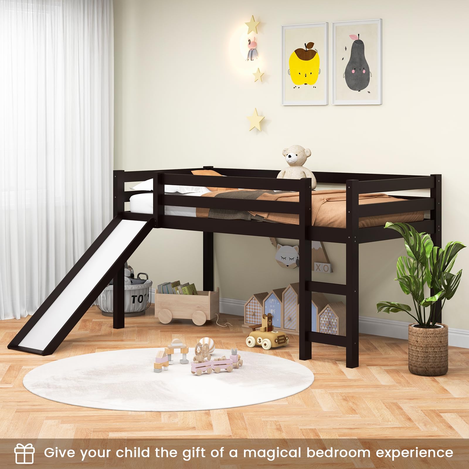 NAFOR Twin Loft Bed with Slide & Stairs - Solid Wood Low Loft Bed Frame for Kids, Girls & Boys - Includes Climbing Ladder, Safety Guard Rails & Slat Support - Espresso Finish - Perfect for Small Bedrooms, Playrooms & Dorm Rooms