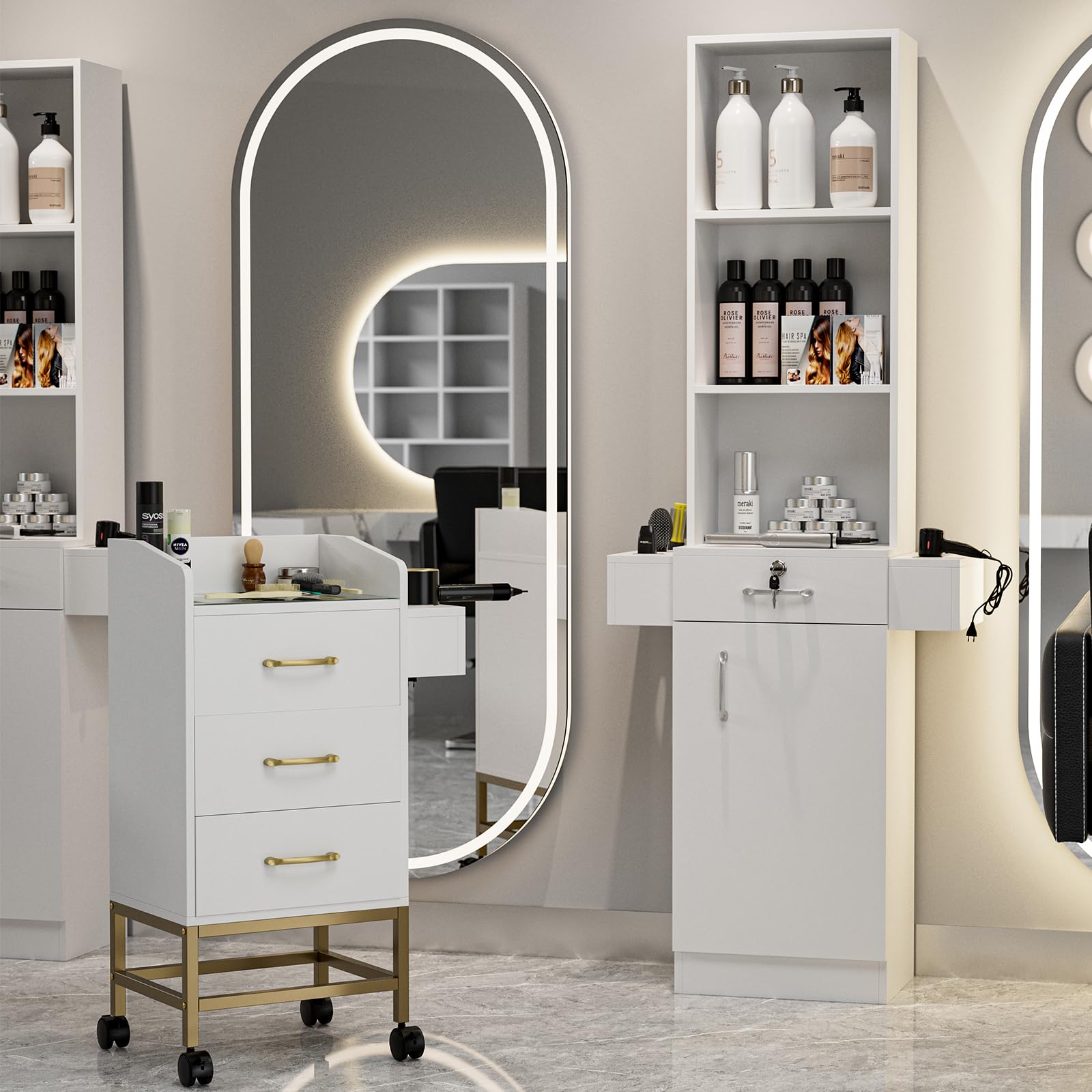 Professional Hair Salon Storage Station - White Barber Cabinet with 3 Open Shelves, 1 Lockable Drawer & 6 Hair Dryer Holders | Stylist Equipment Organizer for Salon, Barbershop & Home Beauty Station