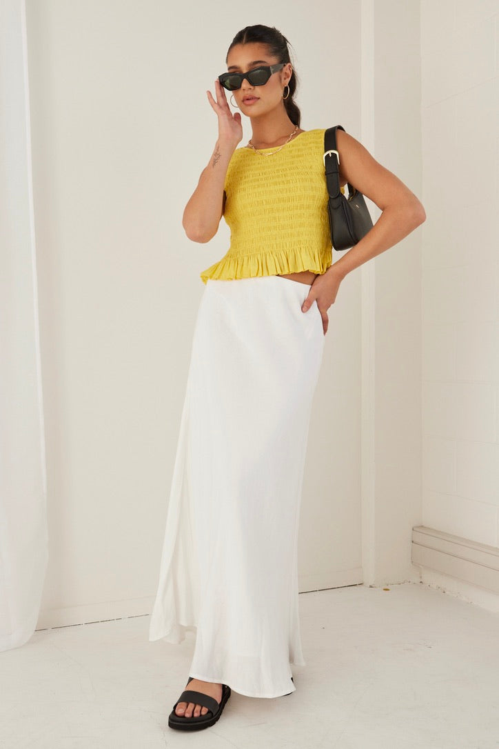 Stylish Sunshine Yellow Shirred Poplin Sleeveless Shell Top for Women | Summer Casual Wear, Beach Outfits & Vacation Essentials
