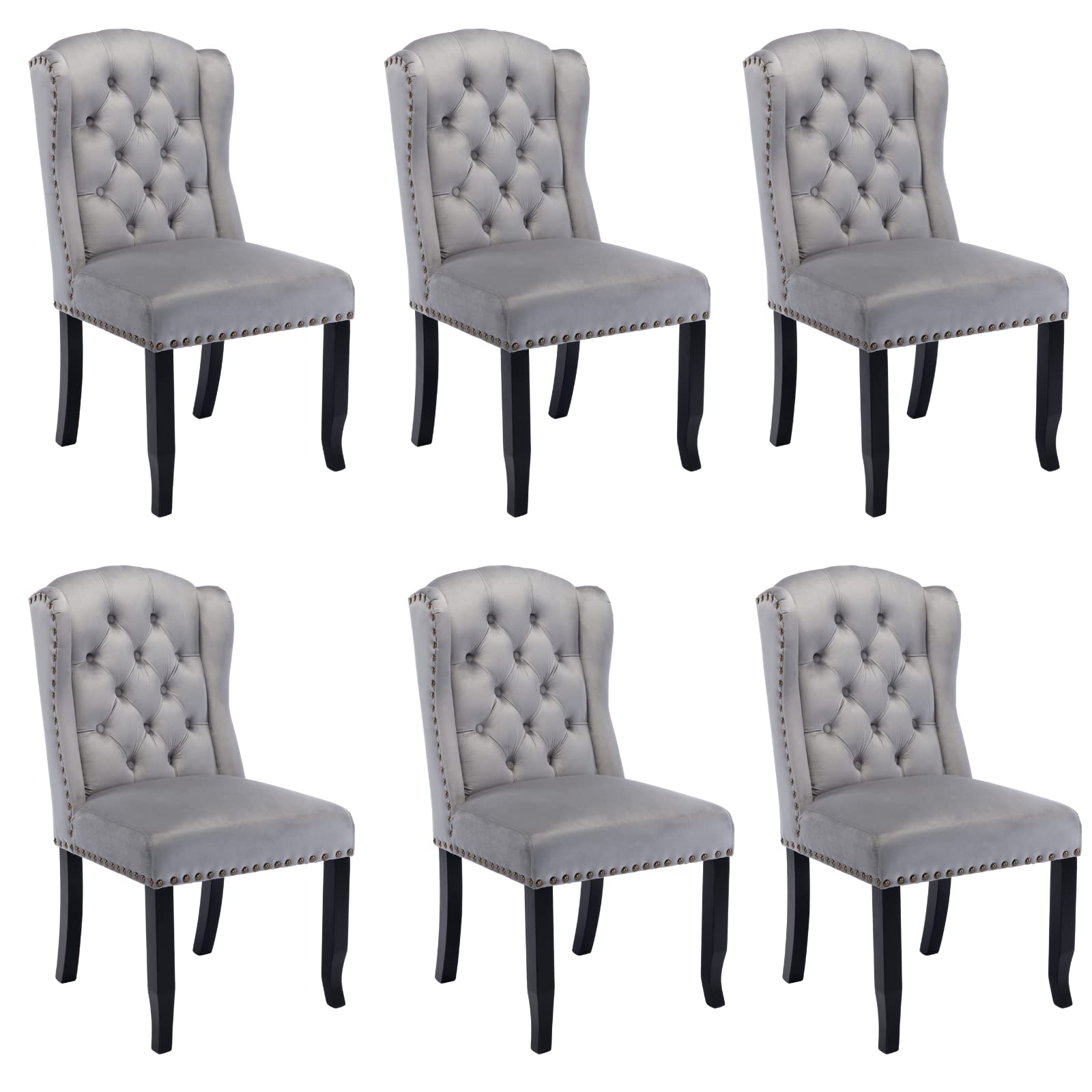 HEAH-YO Set of 6 Upholstered Dining Chairs - Armless Kitchen Chairs with Sturdy Wood Legs & Copper Nails - Tufted Side Chairs for Kitchen, Dining Room & Home Decor - Gray Fabric - Perfect for Family Dinners & Entertaining Guests