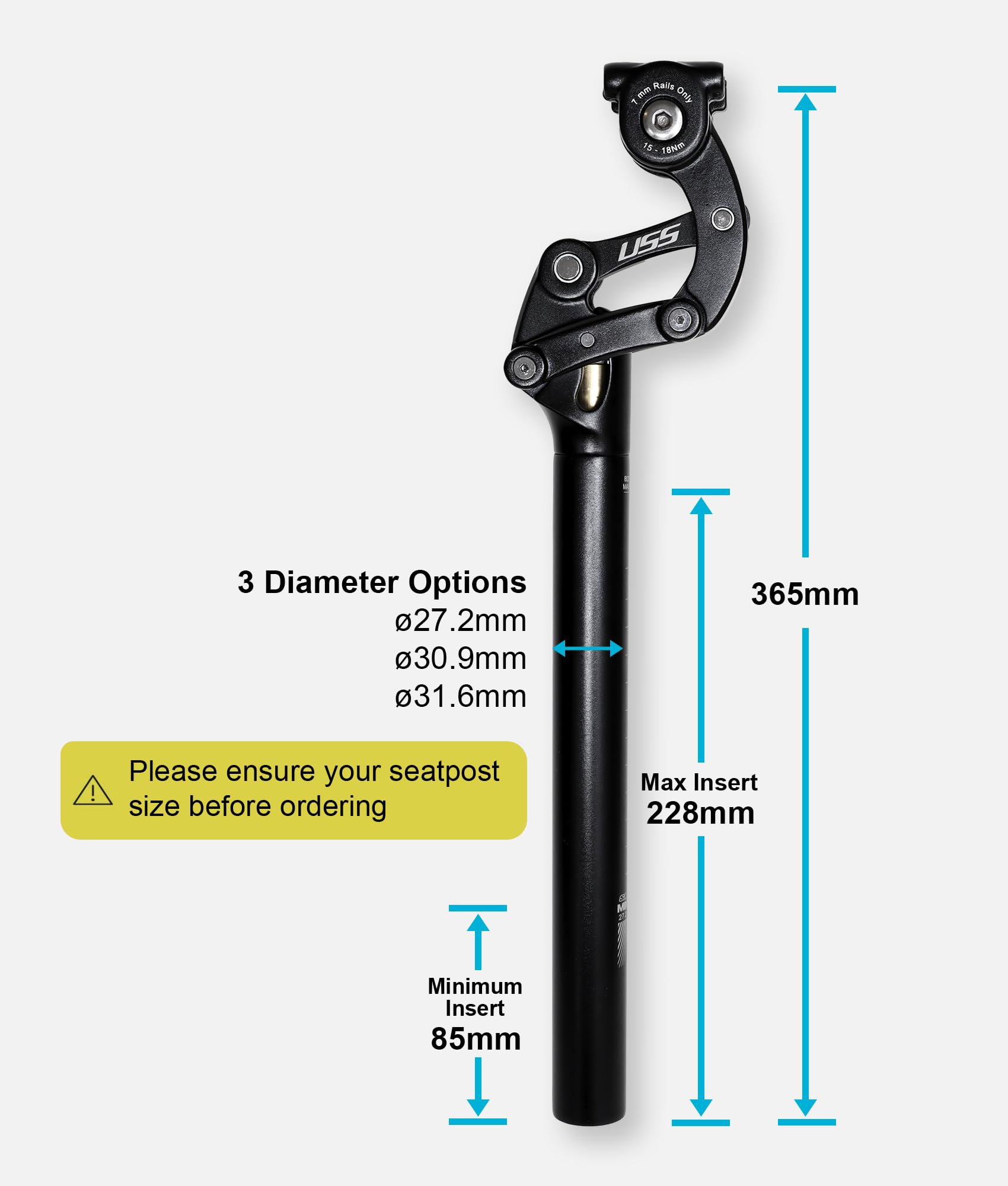 Safort USS Suspension Seatpost - 27.2mm/30.9mm/31.6mm Shock Absorbing Bike Seat Post for E-Bikes, Gravel, Road & Hybrid Bikes | 365mm Length | Comfort Ride for Commuting, Mountain Trails & Long-Distance Cycling
