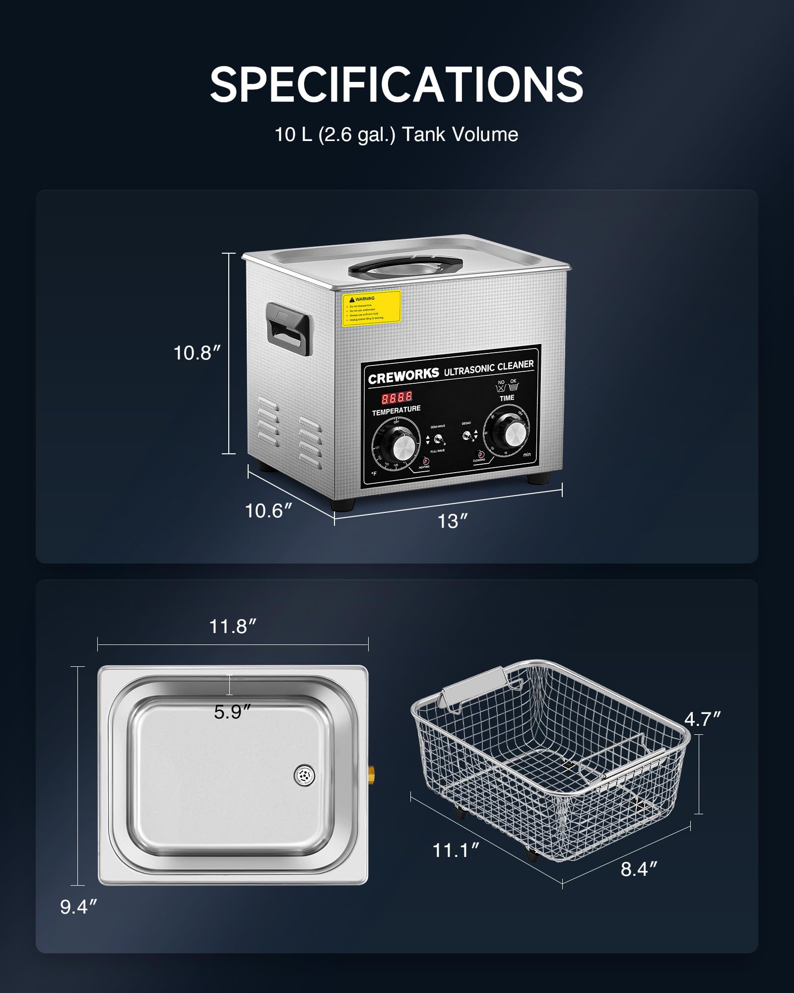 CREWORKS 10L Ultrasonic Cleaner with Heater & Timer - 240W Stainless Steel Cleaning Machine for Jewelry, Glasses, Tools - Degas & Gentle Modes, Knob Control - Perfect for Auto Parts, Watches, Dental Instruments & Industrial Equipment