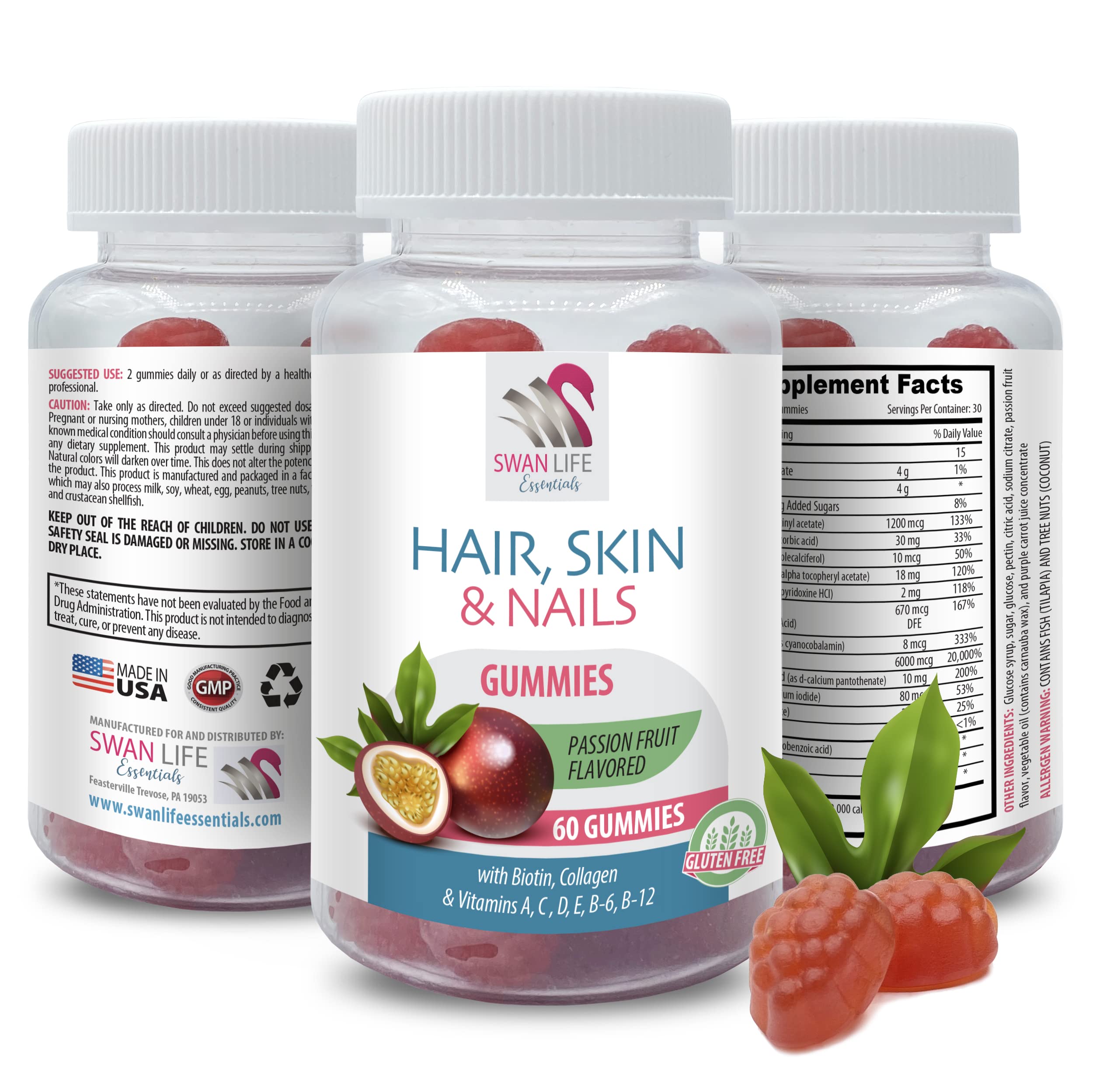 Biotin Gummies for Hair Growth, Skin & Nails - 60 Count Vitamin Supplement with Collagen, Biotin, Vitamin D & Passion Fruit Extract - Supports Healthy Hair, Glowing Skin & Strong Nails - Perfect for Daily Beauty Routine & On-the-Go Nutrition