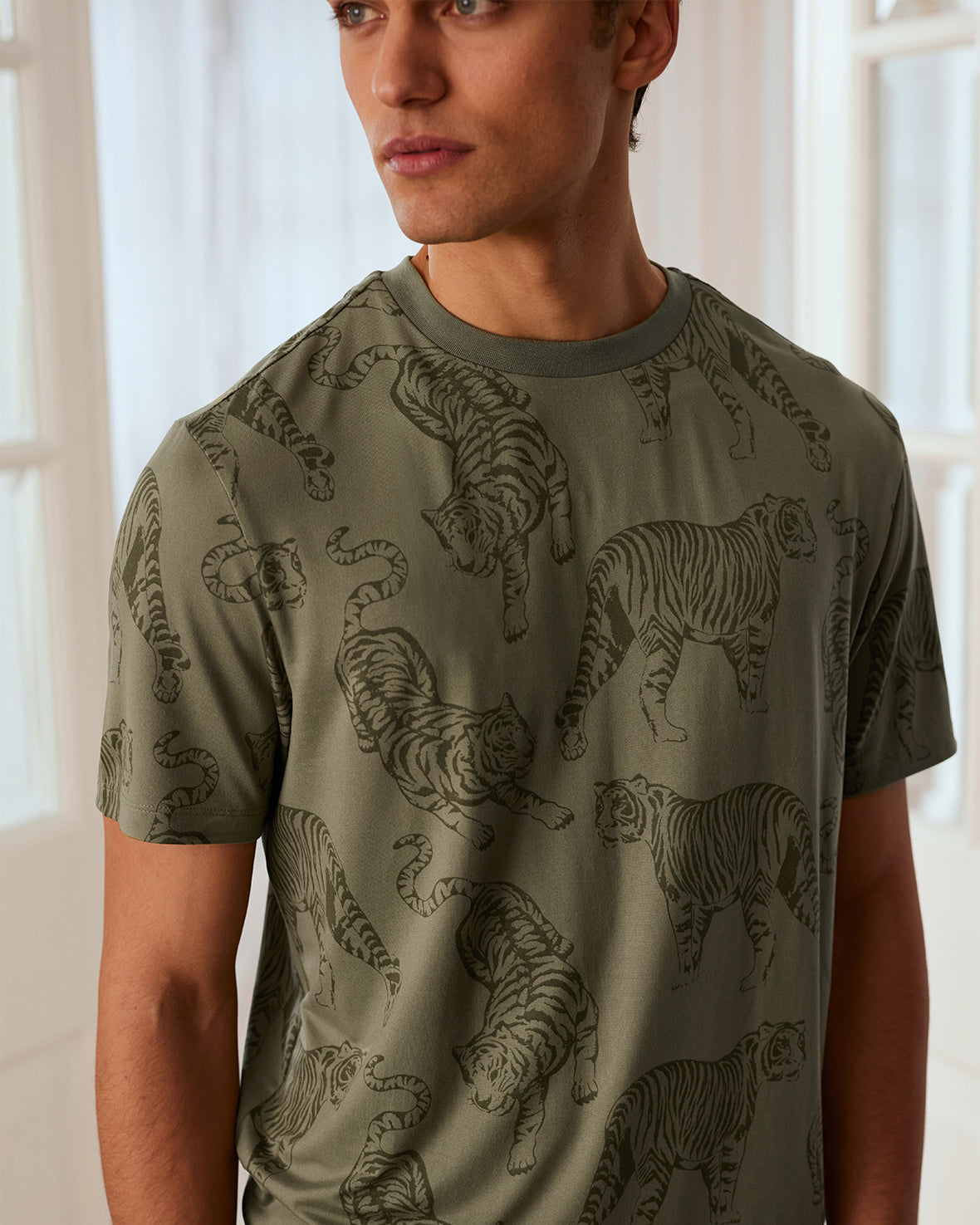 Tiger Print Short Pajama Set for Women - Soft & Comfortable Sleepwear - Sage Green - Perfect for Summer Nights & Lounging at Home