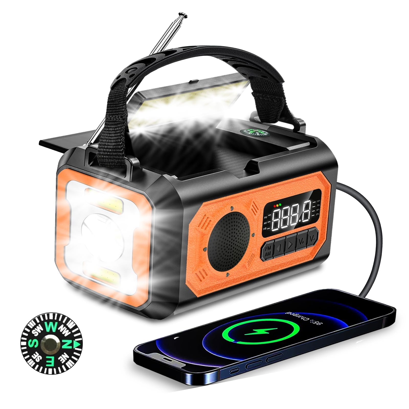 12000mAh Solar Emergency Weather Radio with NOAA Alerts - AM/FM/NOAA Weather Radio, Solar Charging, SOS Alarm, Flashlight, Phone Charger, Compass & Reading Lamp - Perfect for Camping, Hiking, and Emergency Preparedness