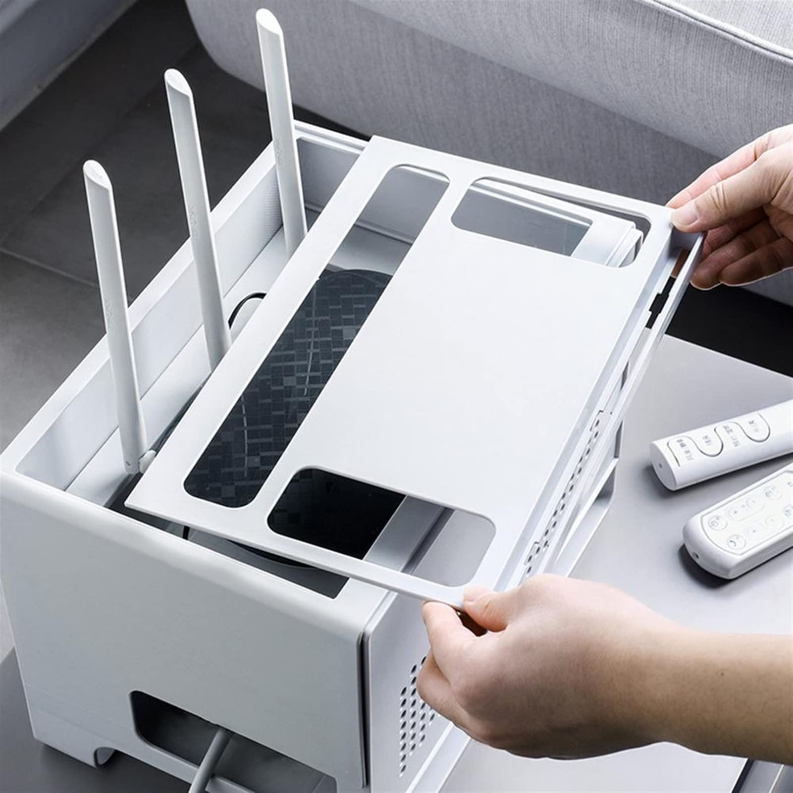 FDFWEFLQQ WiFi Wireless Router Storage Box - Double-Layer Hollow Cable Management Organizer with Heat Dissipation | Detachable Design Saves Space for Home & Office | Perfect for Network Setup, Gaming Stations & Workspaces