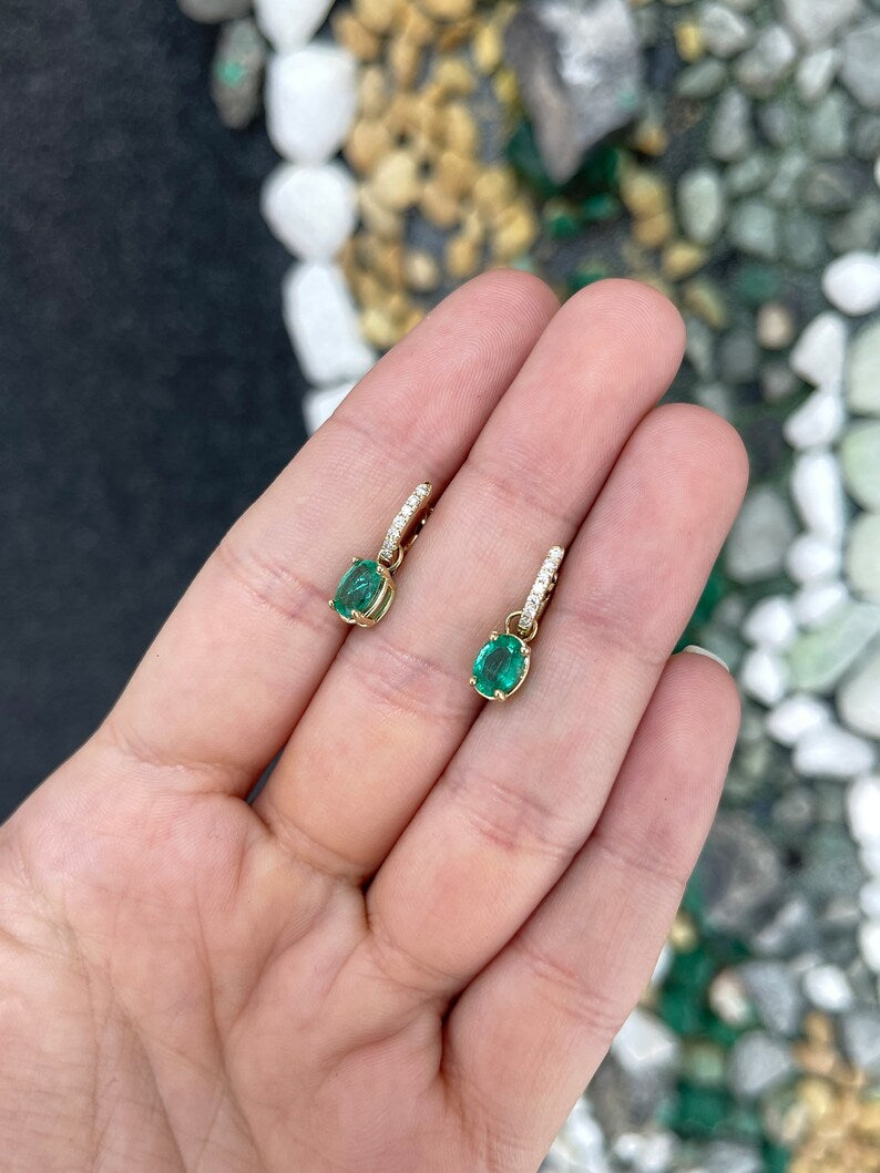 2.0tcw Oval Cut Emerald and Diamond Dangle Earrings in 14K Gold - Elegant Green Gemstone Jewelry for Women, Perfect for Weddings, Parties & Special Occasions
