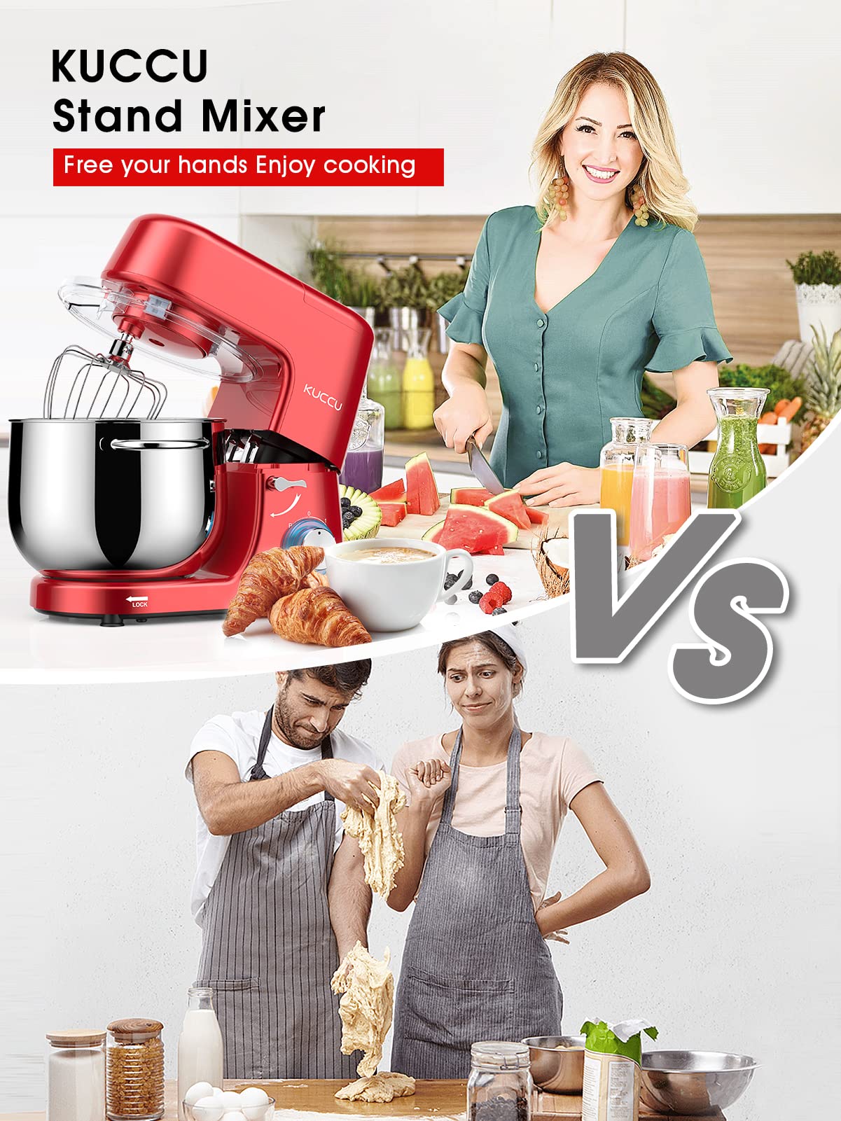 9.5 QT KUCCU Stand Mixer with 6 Speeds & Pulse Function - 660W Tilt-Head Electric Kitchen Mixer for Baking - Includes Dough Hook, Flat Beater, Whisk & Splash Guard - Dishwasher Safe - Perfect for Cakes, Cookies, Bread & Dough (Red)