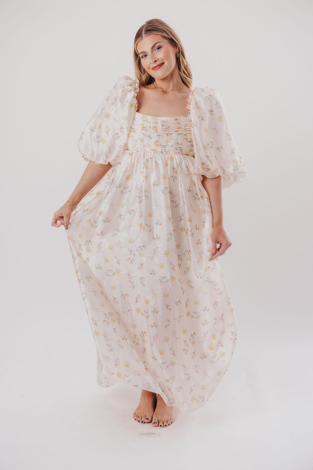 Melody Maxi Dress with Pleats & Bow Detail - Yellow Rose Floral Print | Bump Friendly Maternity Dress | Inclusive Sizing S-3XL | Perfect for Weddings, Baby Showers & Summer Vacations