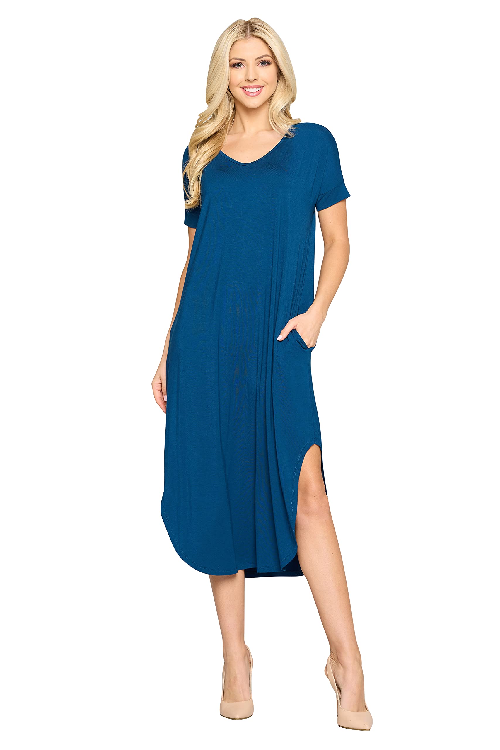 YELETE Women's Striped Curved Hem Midi Dress with Pockets - Flowy Summer Casual Dress for Beach, Vacation & Everyday Wear