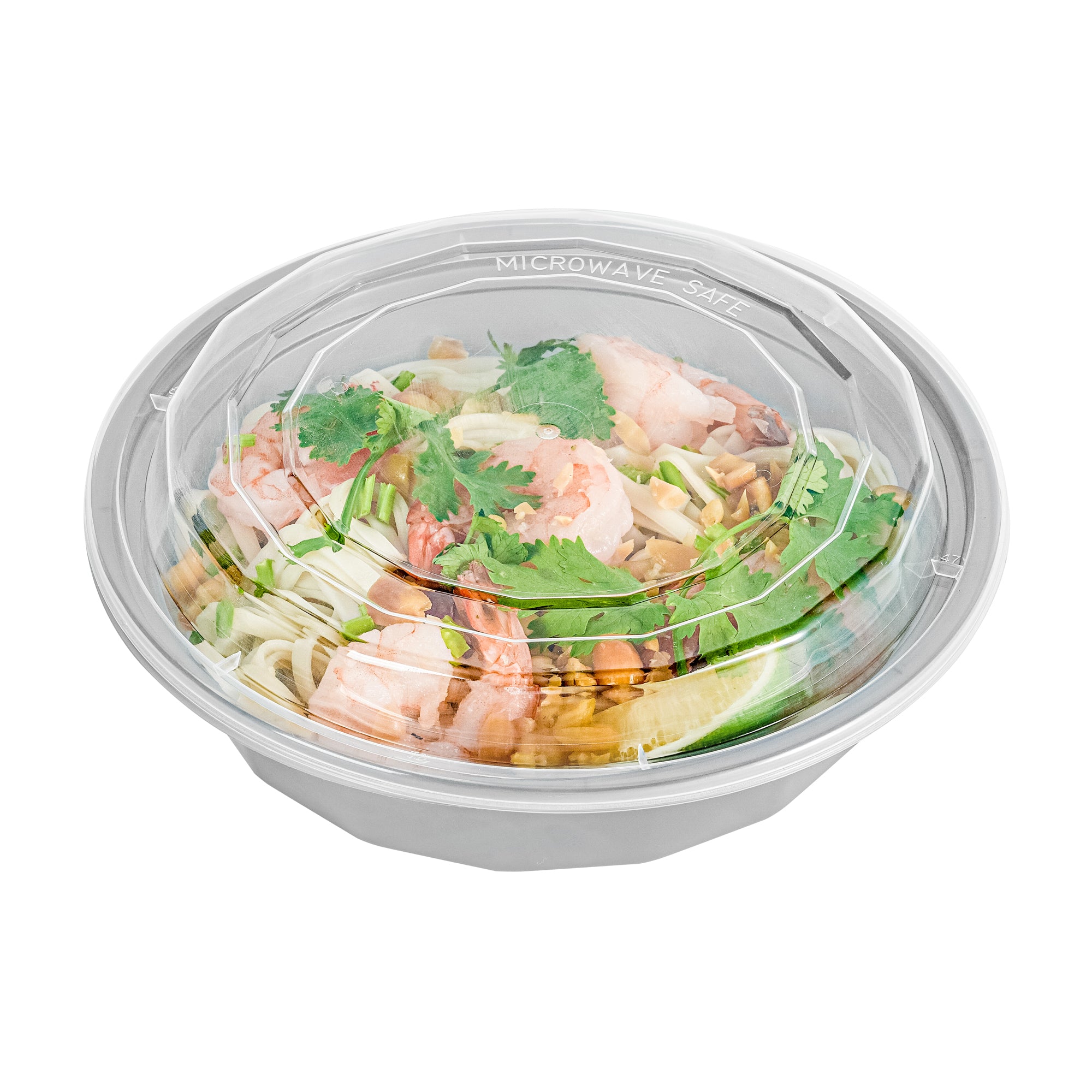 24 oz Round Silver Plastic Takeout Containers with Clear Lids - 100 Pack (7.25