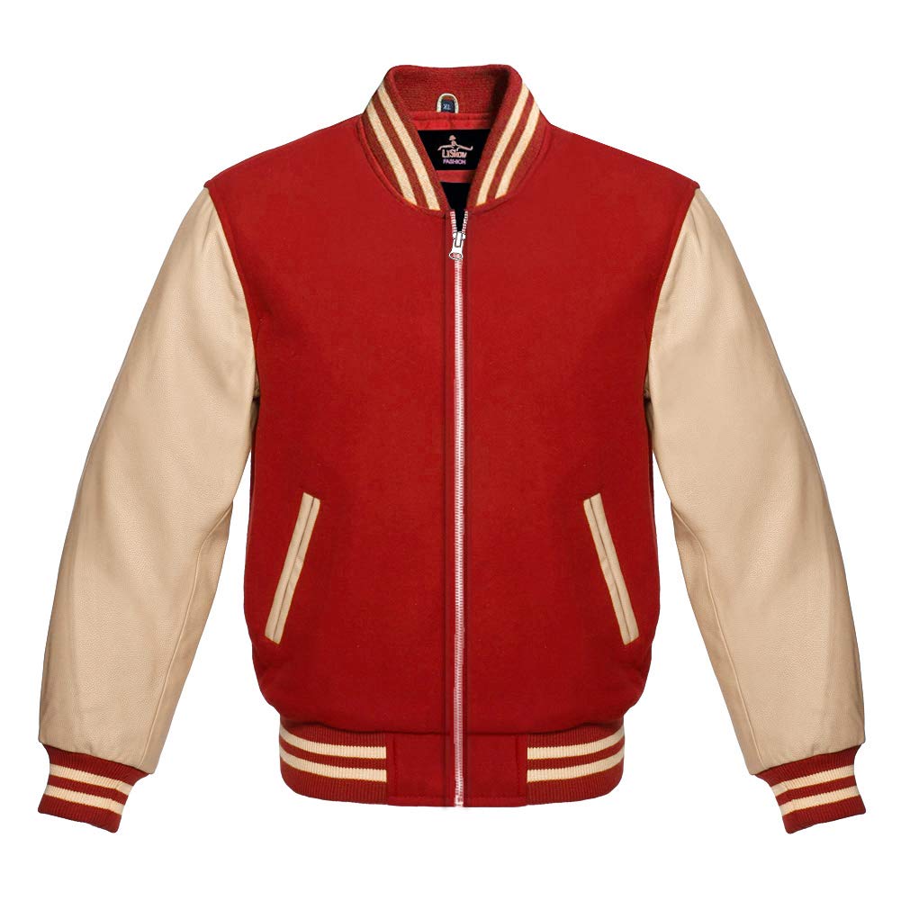 Varsity Baseball Letterman Jacket - Red Wool Body with Genuine Cream Leather Sleeves, Zipper Front | Perfect for High School & College Sports, Casual Wear, and Vintage Fashion
