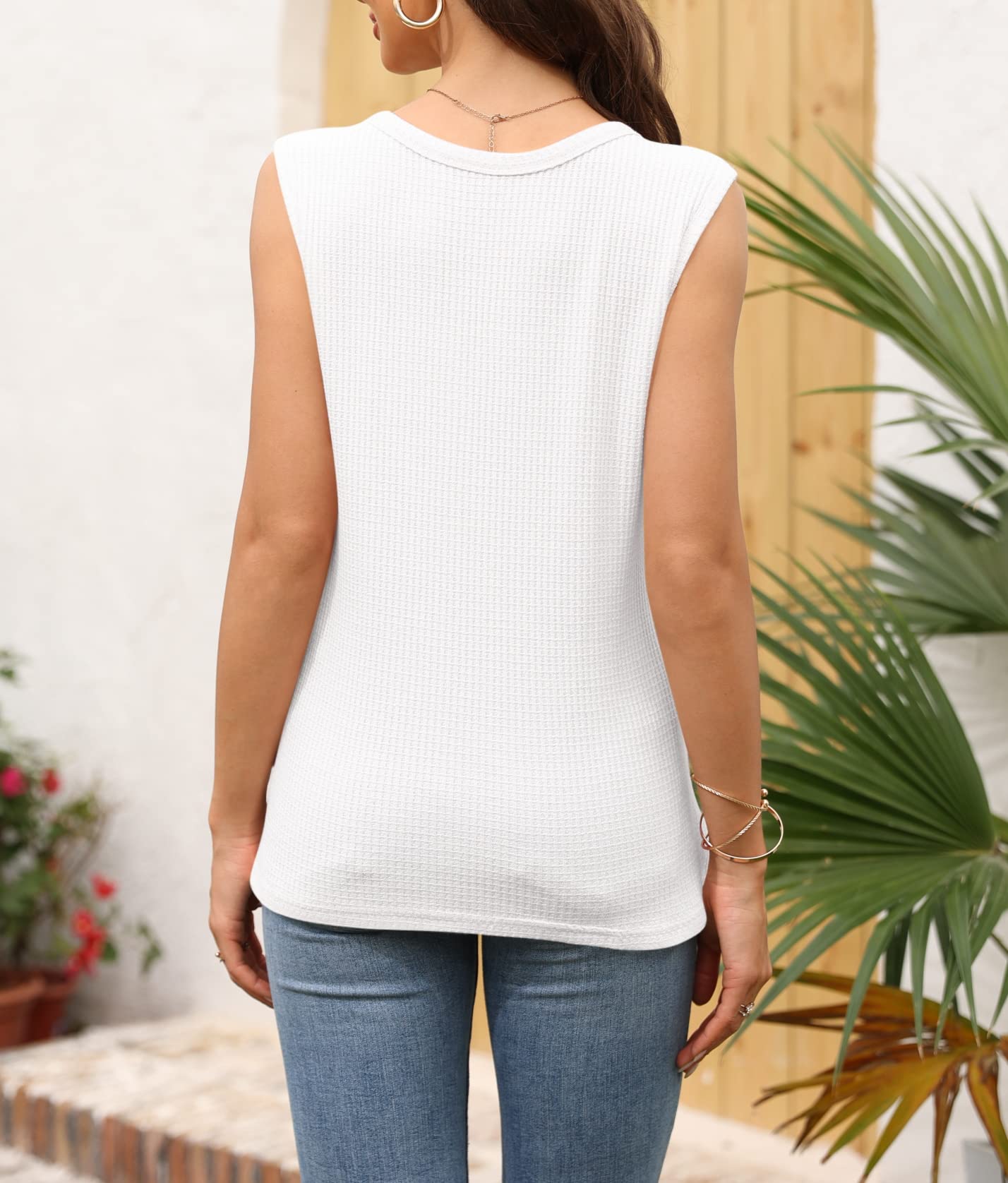 Women's V-Neck Waffle Knit Tank Tops - Summer Sleeveless Loose Fit Casual Tee Shirts - Perfect for Beach, Yoga, and Everyday Wear