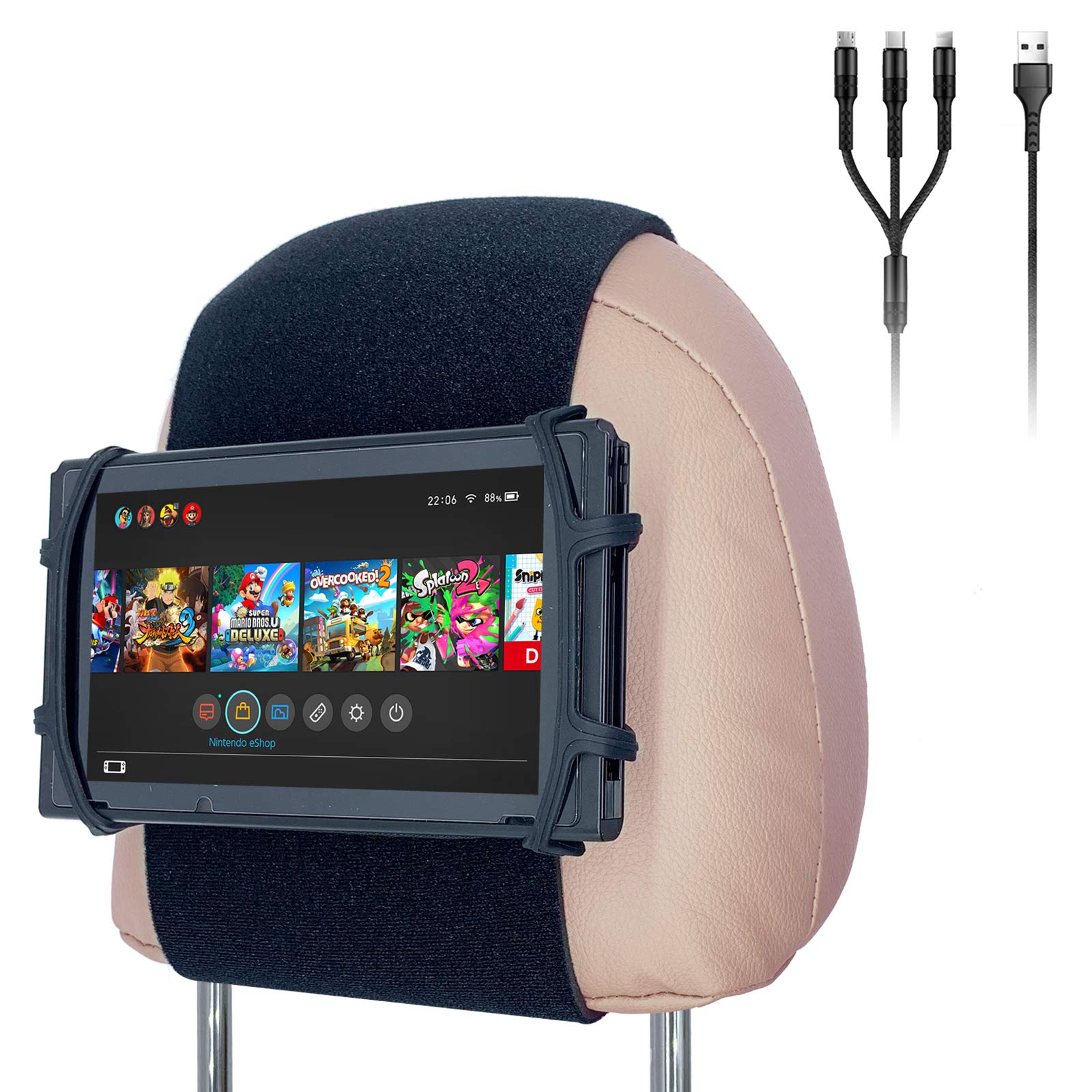 Premium Car Headrest Mount Holder for Nintendo Switch, iPad Mini, Kindle Paperwhite - Adjustable Silicone Grip with 3-in-1 Charging Cable (Black) | Perfect for Road Trips, Family Travel & Backseat Entertainment