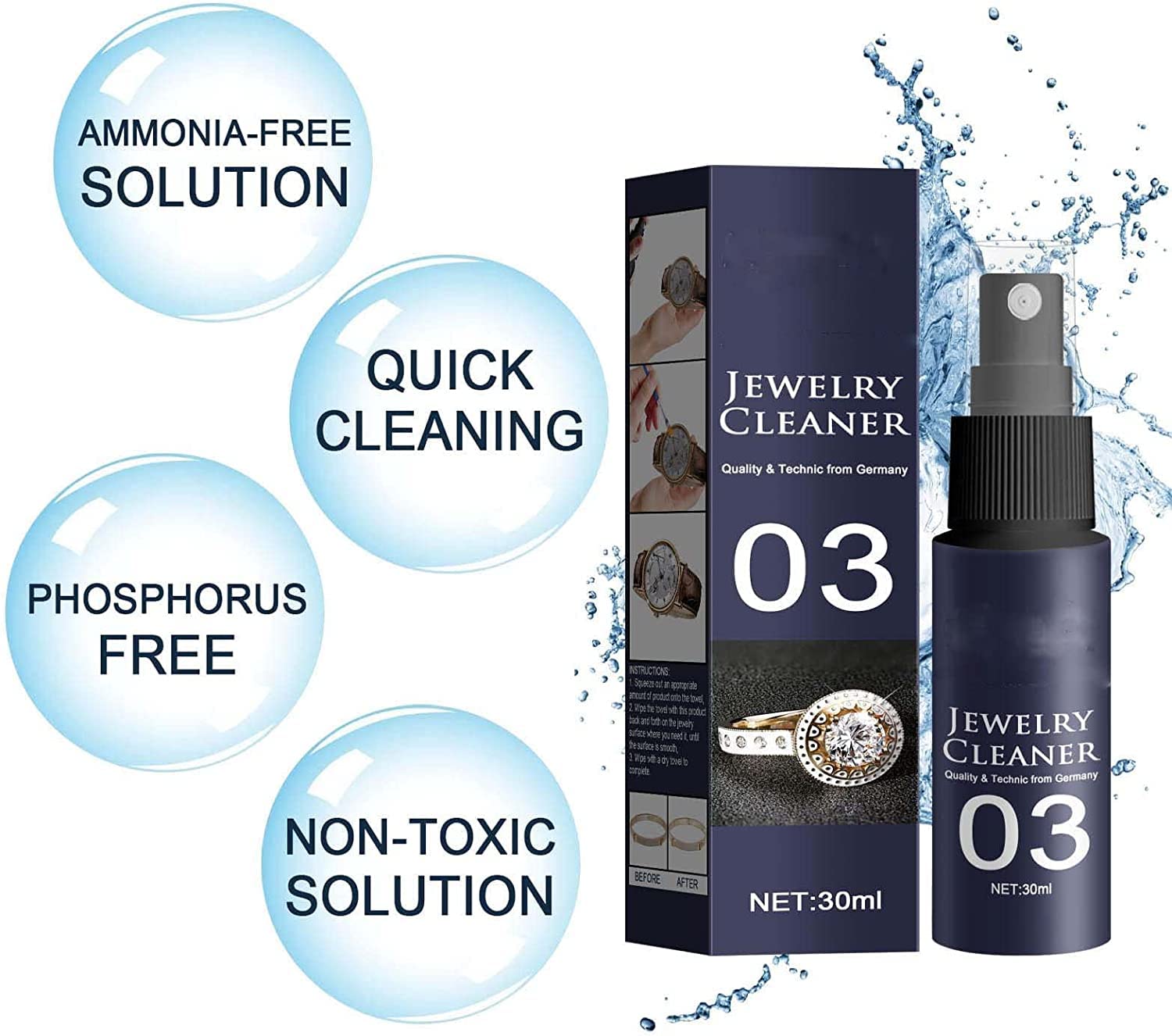 30ml Instant Shine Jewelry Cleaner for Silver, Gold & Diamonds - Anti-Tarnish Polishing Solution Spray (1pc) - Perfect for Rings, Necklaces & Watches at Home or Travel