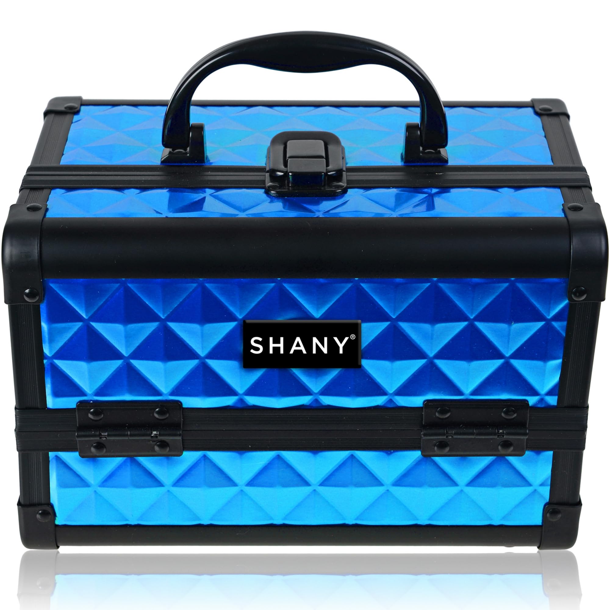 SHANY Chic Makeup Train Case - Portable Cosmetic Organizer with Lock & Multi-Trays | Beauty Storage Box with Mirror for Makeup, Jewelry & Cosmetics | Perfect for Travel, Salon & Professional Makeup Artists - Peacock Blue