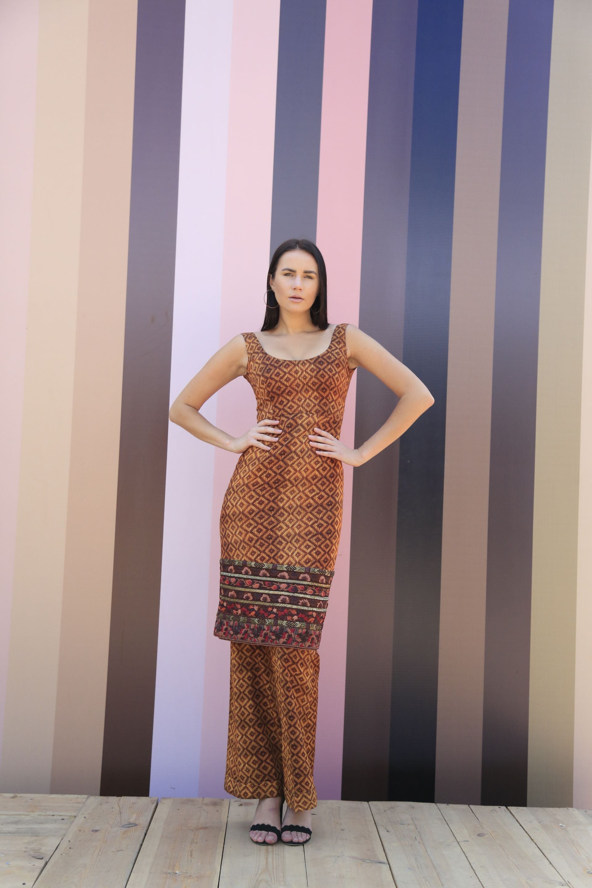 Beige Brown Basket Weave Print Embroidered Sleeveless Short Dress & Bell Bottom Pants Set - Summer Boho Outfit for Beach Vacation, Music Festival, and Casual Wear