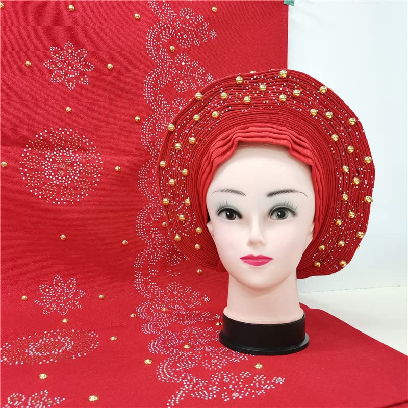 Elegant Beaded Lace Shawl Scarf - African Headwrap & Nigerian Gele with Stones for Women | MSB Fabric Color 737 | Perfect for Weddings, Parties & Cultural Events