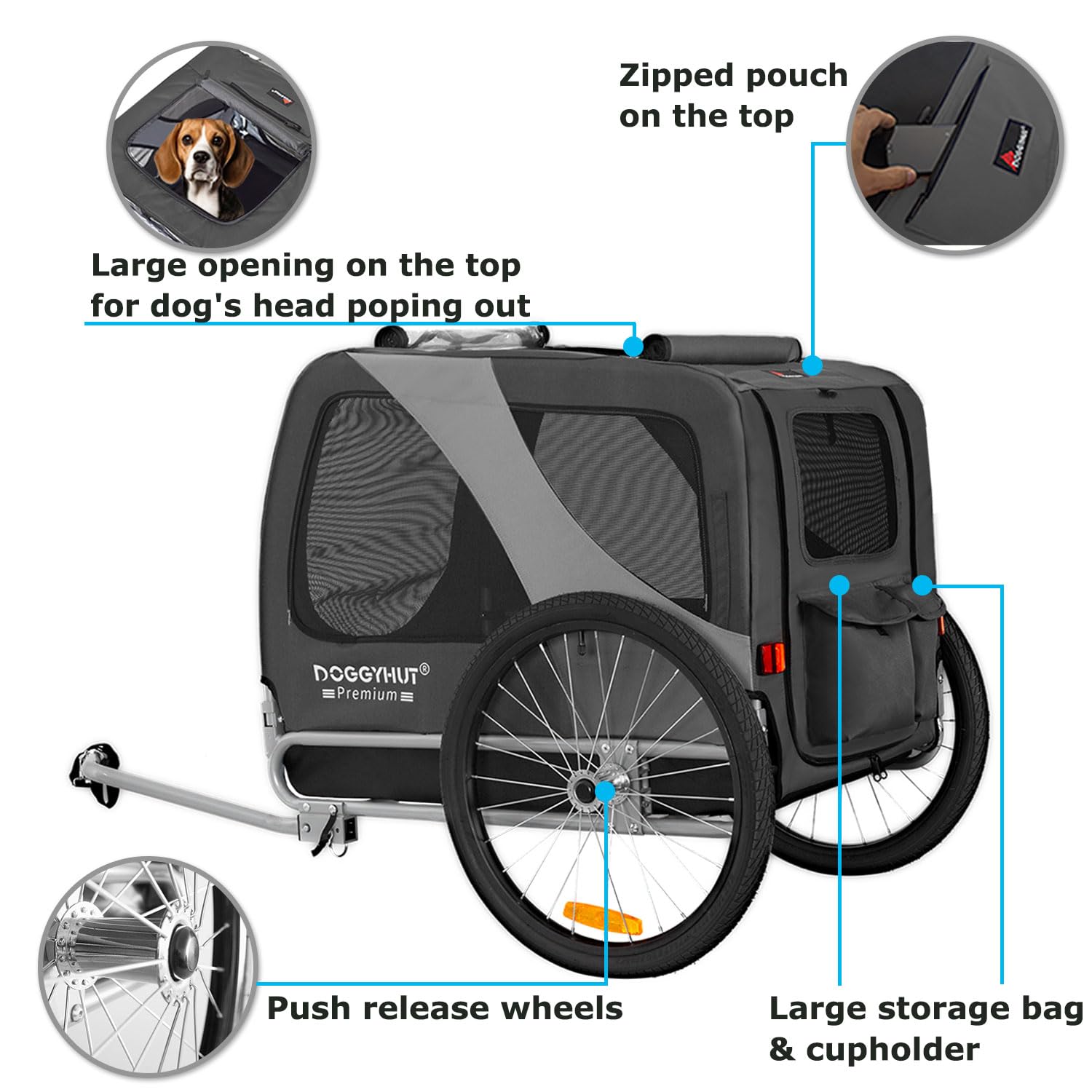 DOGGYHUT® Premium Large Dog Bike Trailer for Medium to Large Dogs - Heavy Duty 78 lbs Capacity Pet Bicycle Carrier with Low Center Gravity & Easy Fold Frame - Perfect for Cycling Adventures, Park Trips and Outdoor Exercise with Your Dog