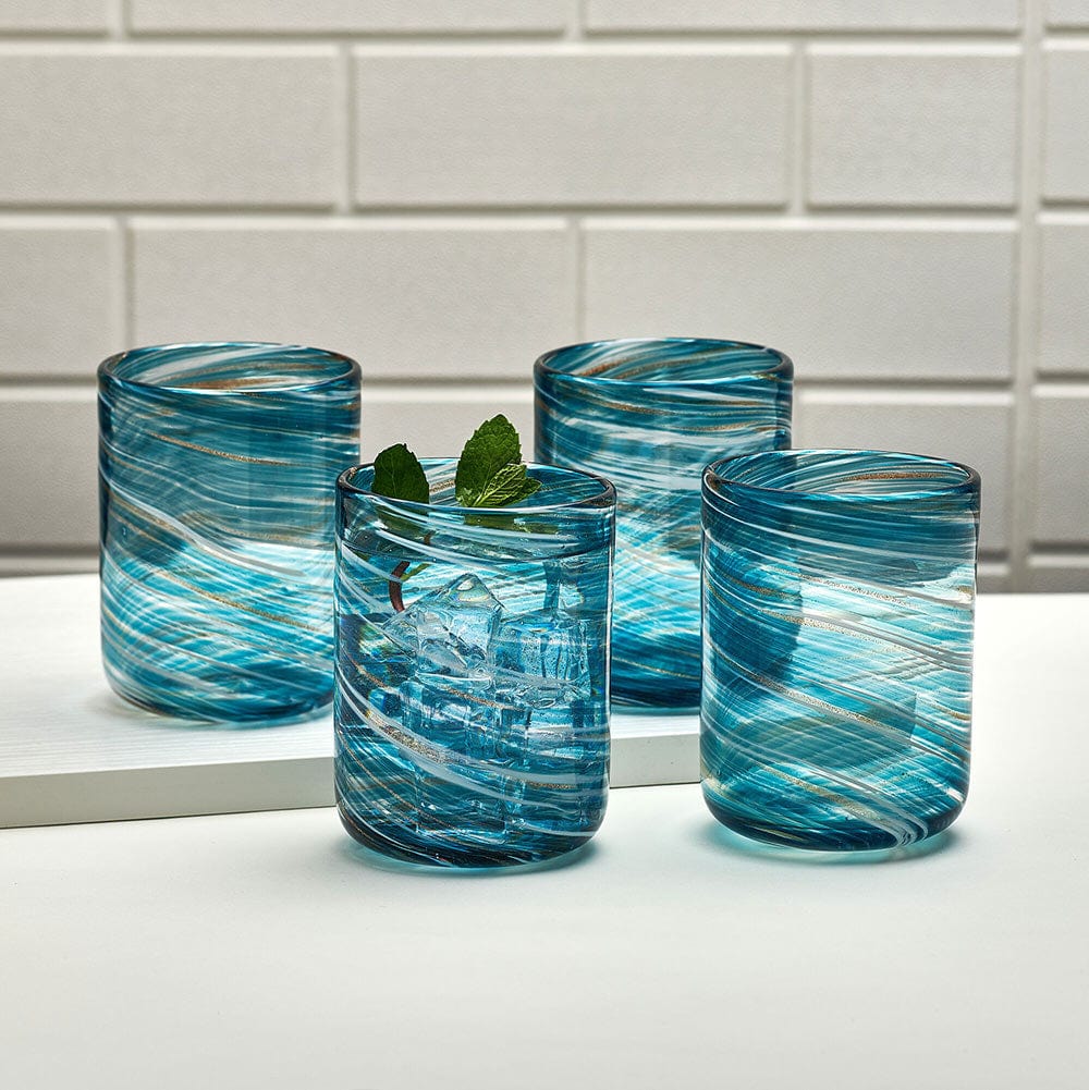Vibrant Color Swirl Set of 4 Double Old Fashioned Whiskey Glasses - Perfect for Cocktail Parties, Home Bars & Gift Giving