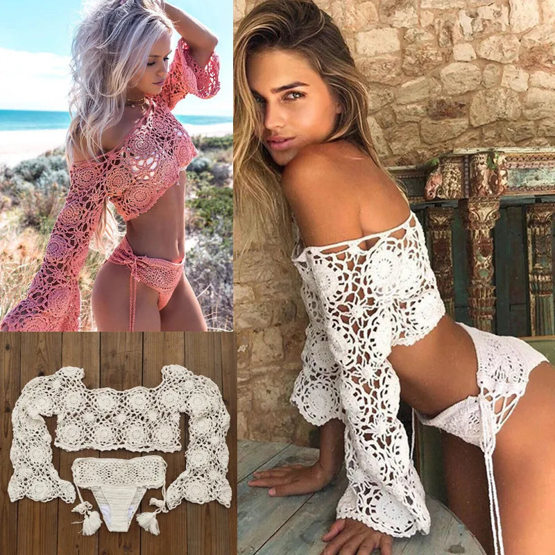 Handmade Crochet Bikini Set for Women - Boho Sexy Swimwear Cover Up with Matching Swim Trunks | Perfect for Beach Vacations, Pool Parties & Summer Music Festivals