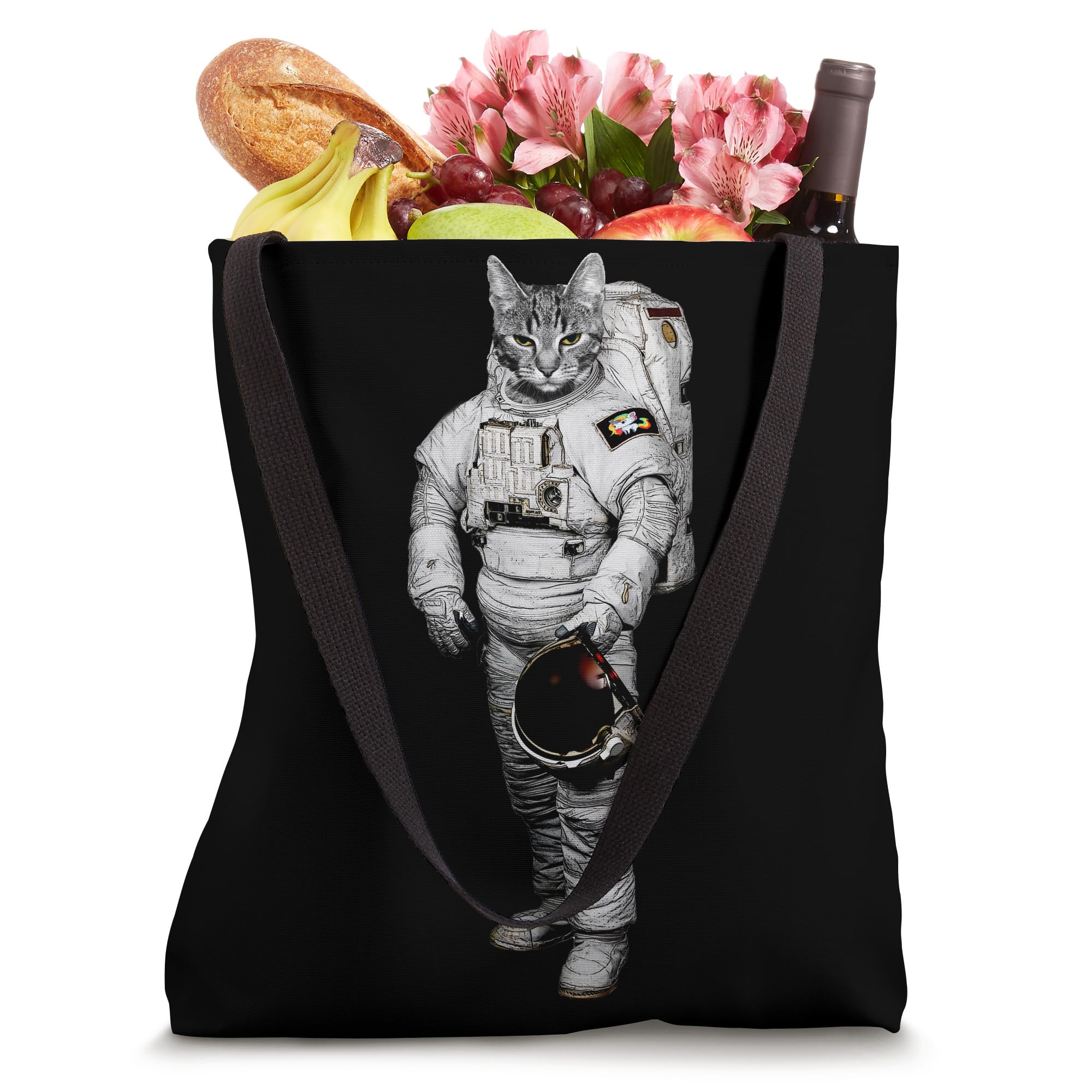 Space Cat Lover Tote Bag - Cute Astronaut Cat Design Reusable Shopping Bag for Women & Men - Perfect for Grocery, Beach, Work & School