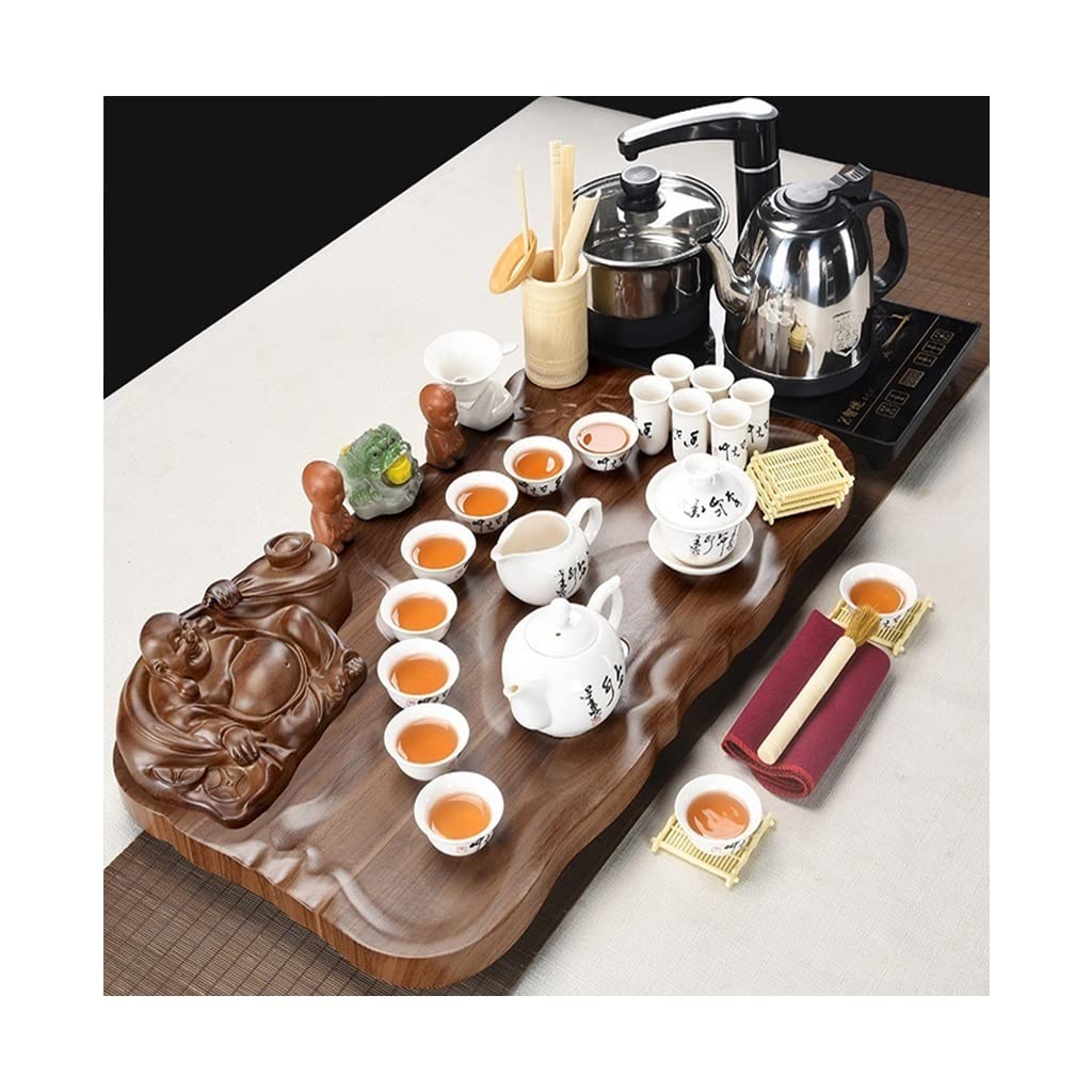 Premium Chinese Kung Fu Tea Set with Solid Wood Tea Tray - Complete Ceremonial Tea Service with Automatic Water Heater, Tea Cups & Drainage System - Perfect for Home Tea Ceremonies, Office Tea Breaks & Zen Meditation Spaces