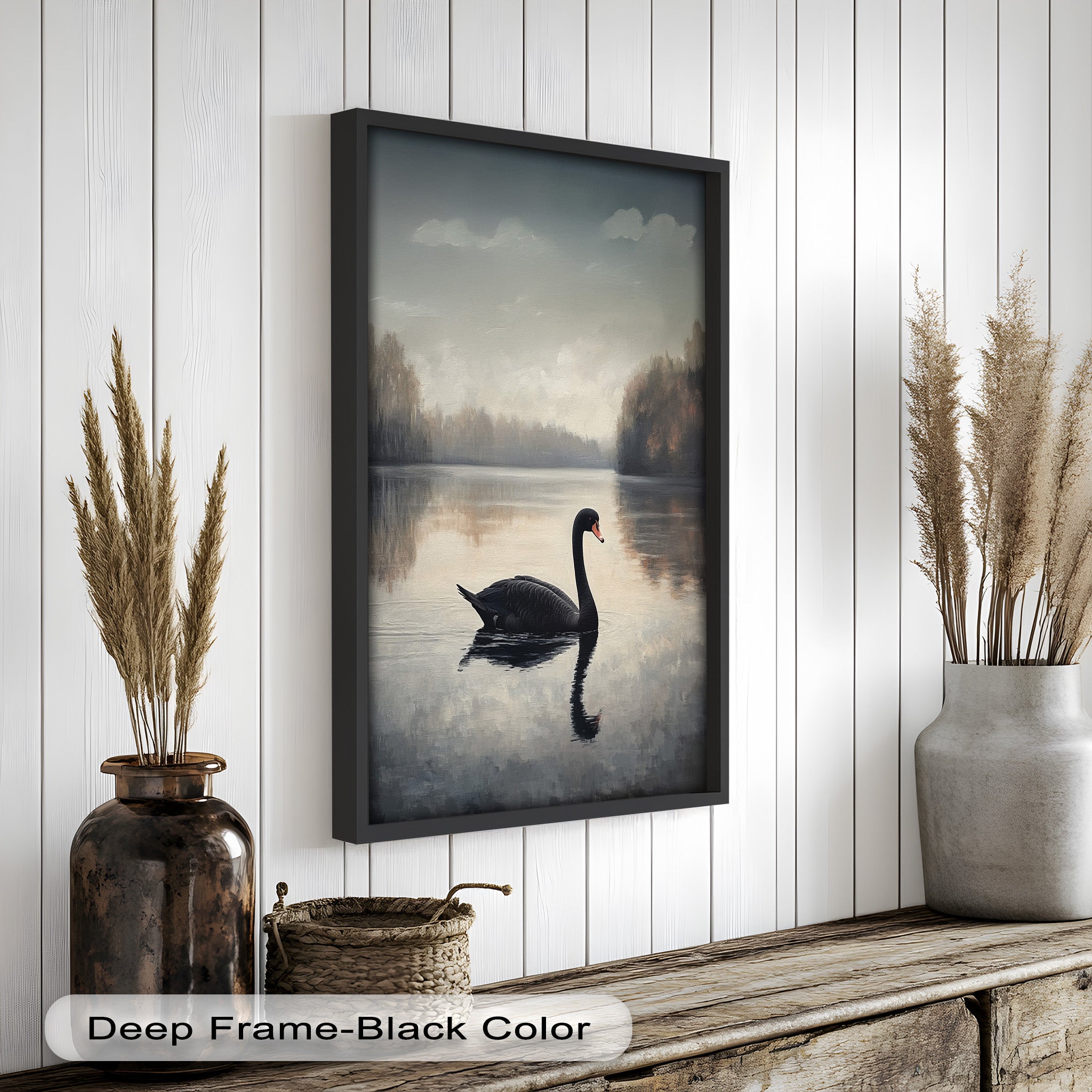Black Swan at Dusk - Hand Painted Lake Landscape Oil Canvas Artwork - Perfect for Living Room, Bedroom, or Office Wall Decor