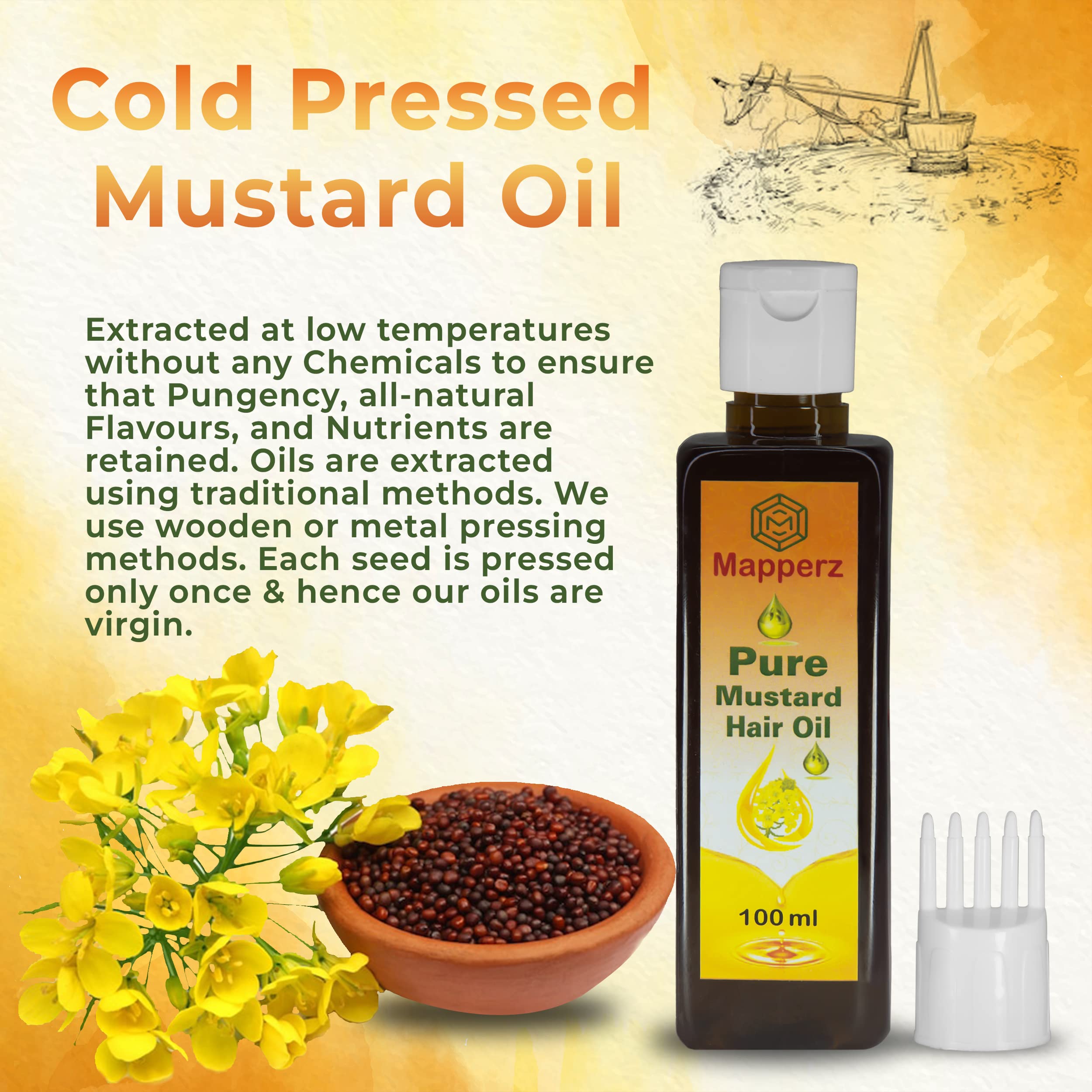 Organic Mustard Hair Oil for Hair Growth - Cold Pressed Kacchi Ghani-Kolhu 100% Pure (100ml) | Reduces Hair Fall & Dandruff, Repairs Damage | Brown Sarso Ka Tel for Men & Women | Perfect for Daily Scalp Massage & Deep Conditioning Treatment