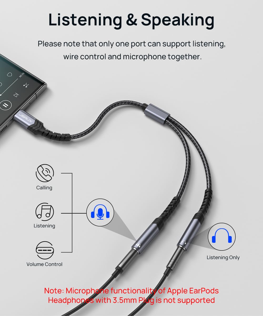 JSAUX USB C to Dual 3.5mm Headphone Splitter Adapter - Type C to 2x 3.5mm Female Audio Y Cable - Compatible with iPhone 16 Pro Max/15 Pro Max, Galaxy S24/S23 Ultra, Pixel, iPad Pro - Share Music with Friends - Perfect for Travel, Gaming & Movie Nights (Grey)