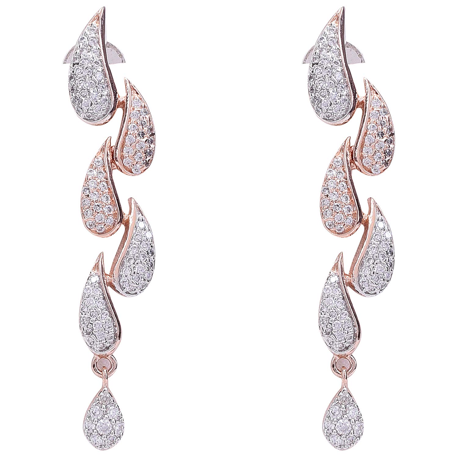 Ratnavali Jewels Women's Rose Gold Plated Cubic Zirconia Triple Line Necklace & Earrings Set | Bridal Jewelry for Weddings, Anniversaries & Special Occasions | RV3382RG