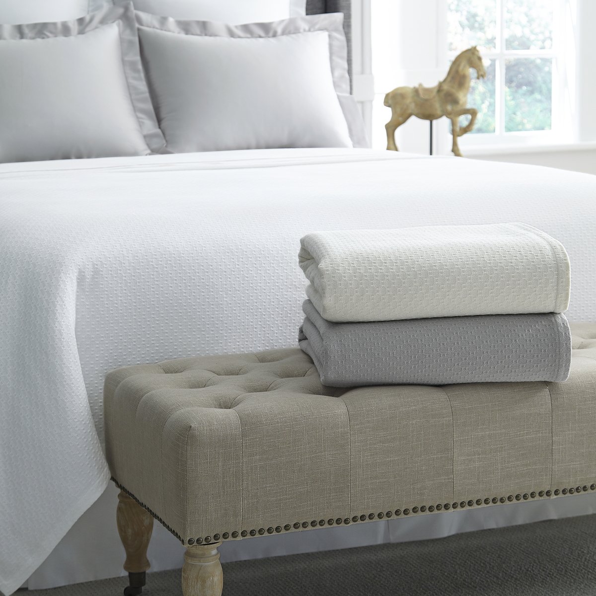 SFERRA Corino White Full/Queen Blanket 100x100 - Luxury 100% Cotton Bed Blanket for Bedroom, Sofa & Guest Room - Soft Breathable Blanket for All Seasons