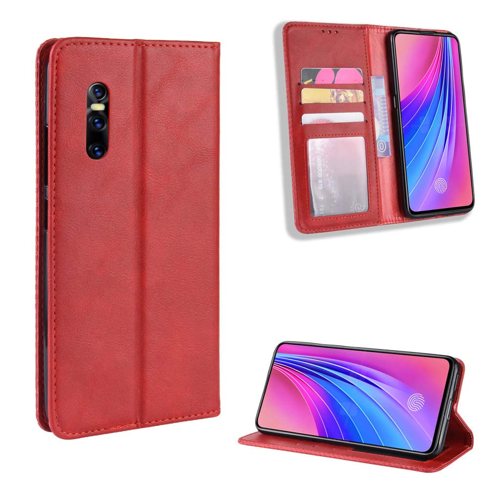 Premium PU Leather Flip Cover Case for Vivo V15 Pro (1818) - Slim Protective Phone Case with Card Slots | Perfect for Work, Travel & Daily Use (Red)