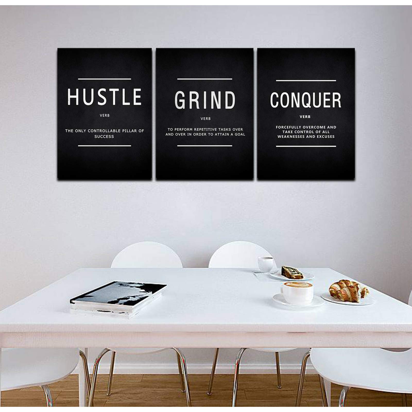 KAWAHONE Grind Hustle Conquer Motivational Wall Art - 3 Piece Framed Canvas Prints (16x24 Inch) for Home Office Decor, Workplace Inspiration & Success Quotes | Perfect for Living Room, Bedroom or Study Room