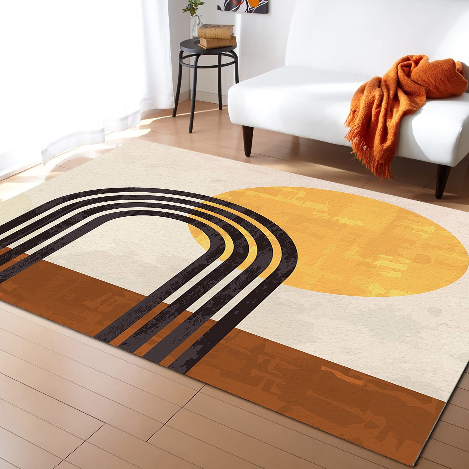 4'x7' Abstract Minimalist Rainbow Sun Line Art Area Runner Rug - Washable Non-Slip Carpet for Living Room, Bedroom, Kitchen, Bathroom, Laundry Room & Classroom - Retro Brown Yellow Mid-Century Modern Design Home Decor