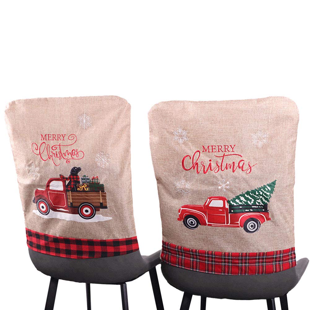 2 Pack Christmas Dining Chair Slipcovers - Holiday Festive Chair Back Protectors with Christmas Truck Design for Dining Room Decor | Perfect for Christmas Parties, Family Gatherings & Festive Home Decorations